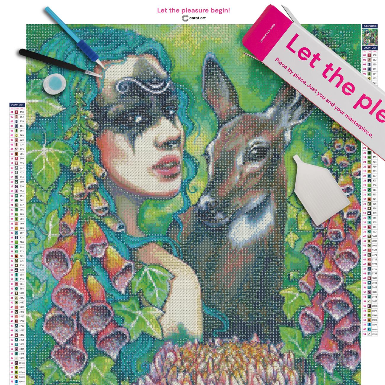 Diamond Painting Set mit geheimnisvoller Waldfee und tierischer Begleiterin inklusive Leinwand, Carat Art Karton und Zubehör