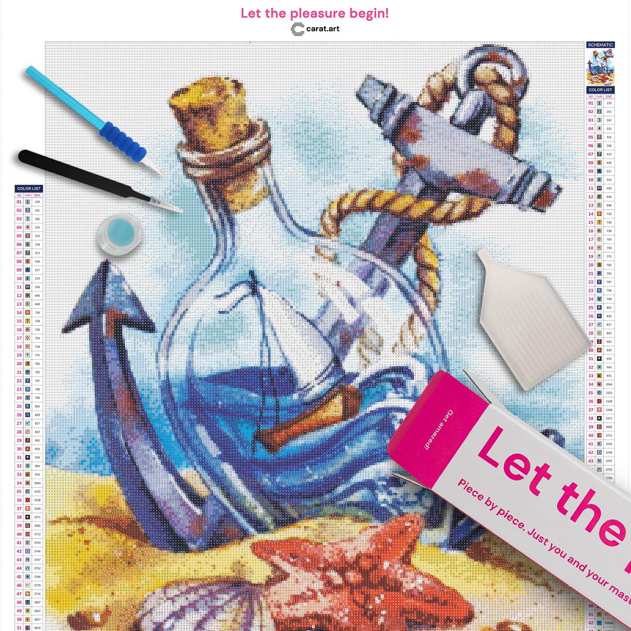 Diamond Painting Set mit Flaschenschiff, Anker, Muscheln und Seestern als maritimes Sommermotiv inklusive Leinwand, Carat Art Karton und hochwertigem Zubehör