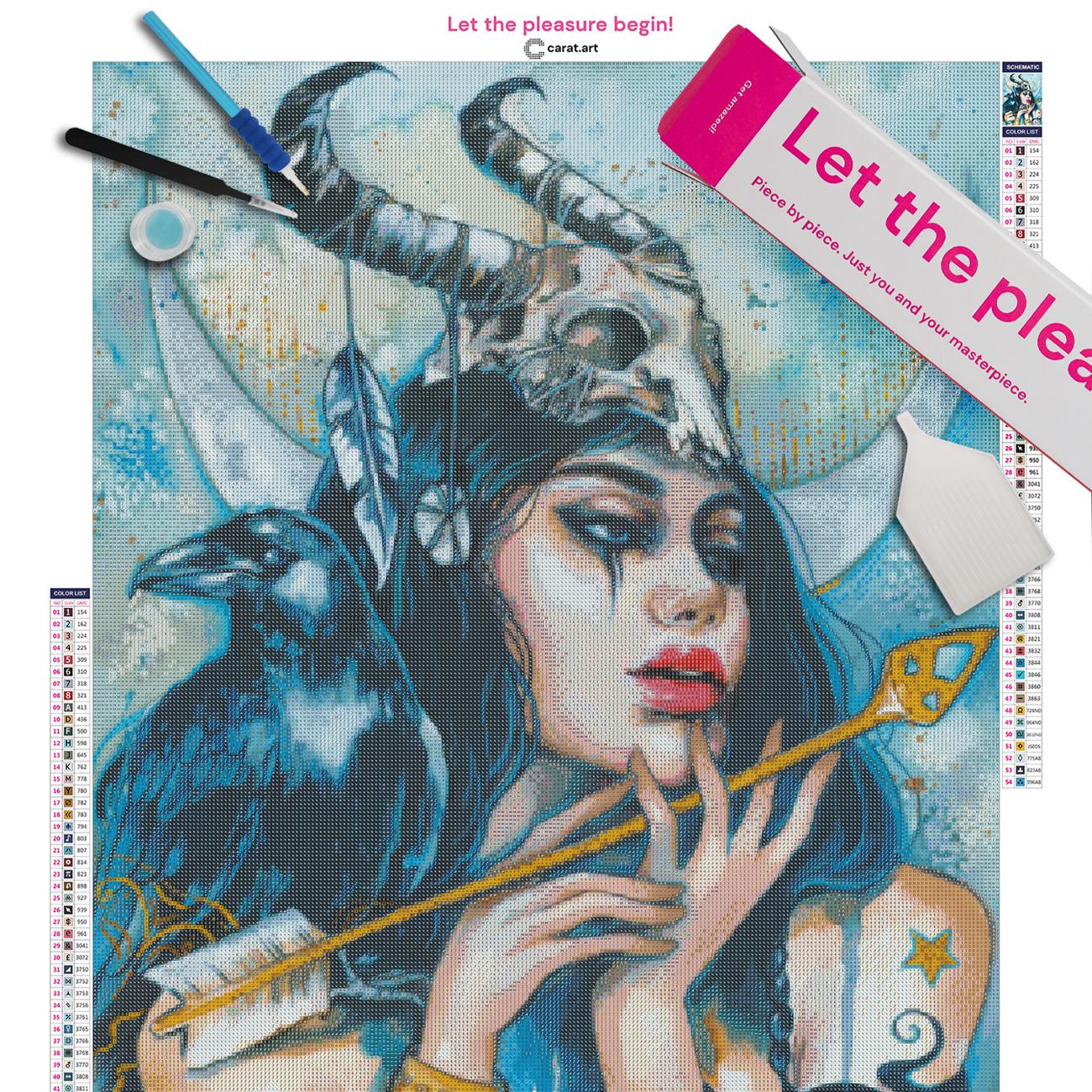 Diamond Painting Set mit Artemis, Rabe und goldenem Pfeil im Fantasy Motiv inklusive Leinwand, Carat Art Karton und Zubehör