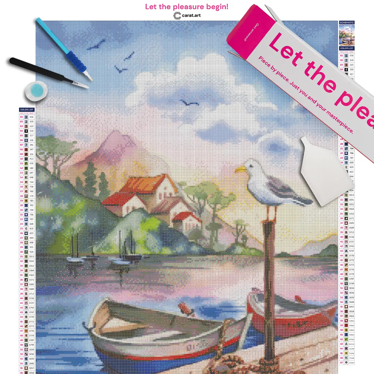Diamond Painting Set mit idyllischem Bergsee, Bootssteg, Booten, Möwe und Berglandschaft mit kleinen Häuschen inklusive Leinwand, Carat Art Karton und hochwertigem Zubehör
