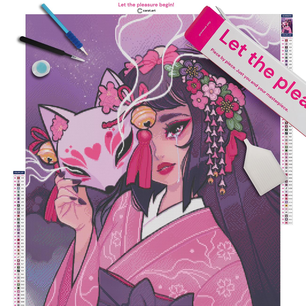 Diamond Painting Set mit geheimnisvollem Kimono Mädchen und Fuchsmaske inklusive Leinwand, Carat Art Karton und hochwertigem Zubehör