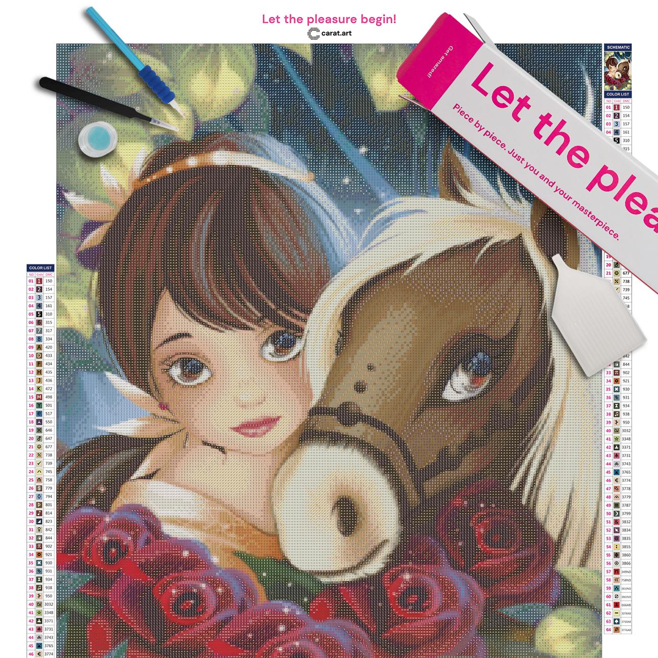 Diamond Painting Set mit Belle Portrait und Rosenmotiv inklusive Leinwand, Carat Art Karton und hochwertigem Zubehör
