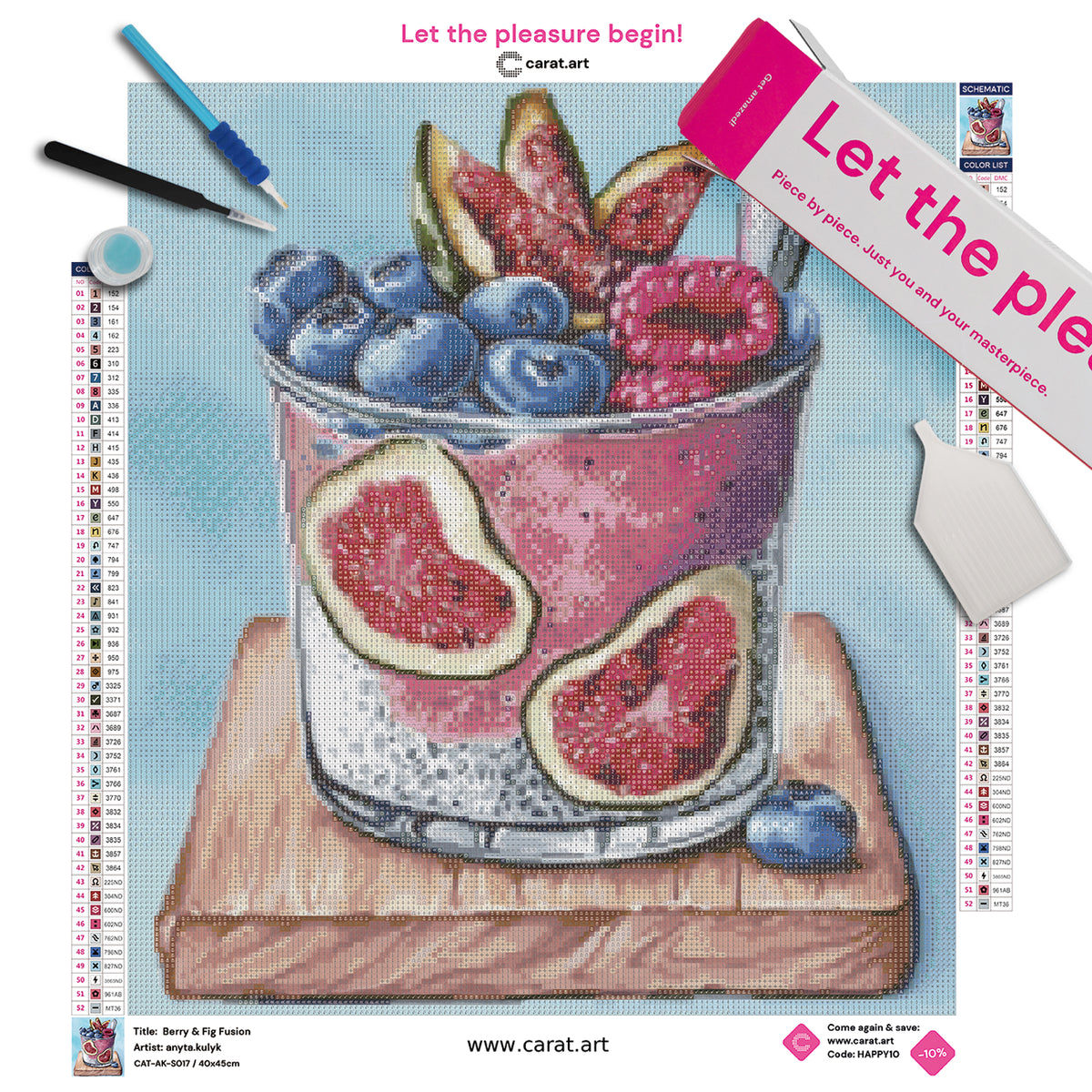 Diamond Painting Set mit Glas voller Chia-Joghurt, Feigen, Blaubeeren und Himbeeren sowie einem Löffel auf einem Holzbrett inklusive Leinwand, Carat Art Karton und Zubehör