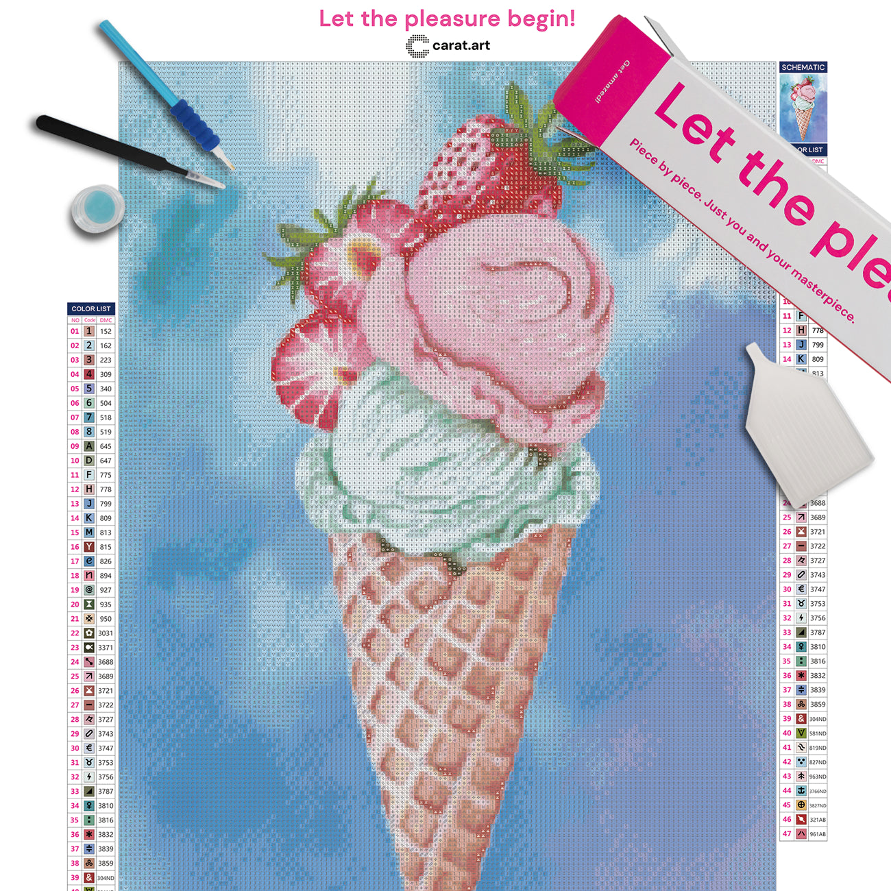Diamond Painting Vorschau mit cremigem Erdbeer- und Pistazieneis, dekoriert mit saftigen Erdbeeren in einem knusprigen Waffelhörnchen vor blauem Himmel in funkelnder Steinoptik