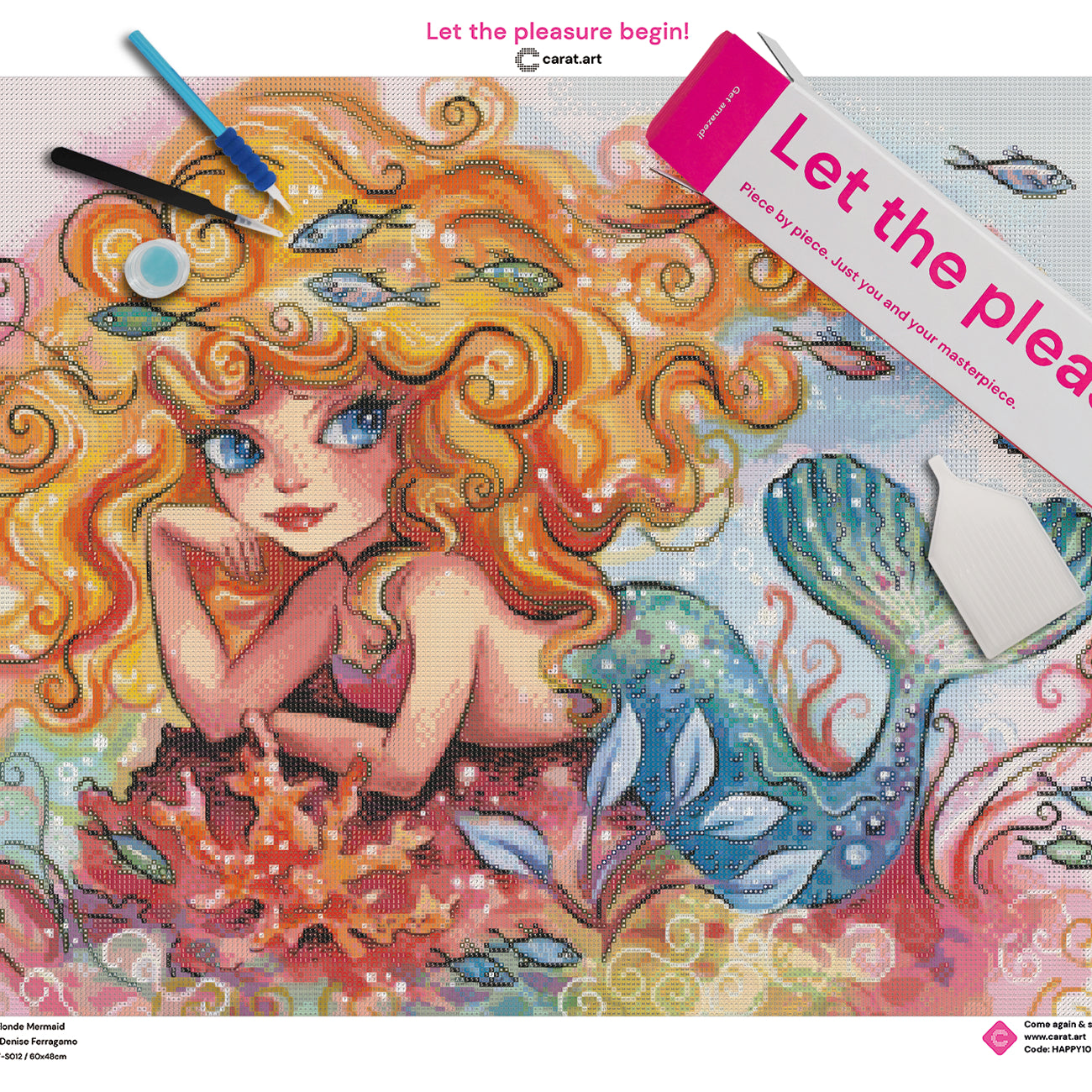 Premium Diamond Painting Set mit blonder Meerjungfrau, goldenem Lockenhaar, schimmerndem Fischschwanz und farbenfroher Unterwasserwelt auf Leinwand, mit Diamond Painting Zubehör und Carat Art Karton