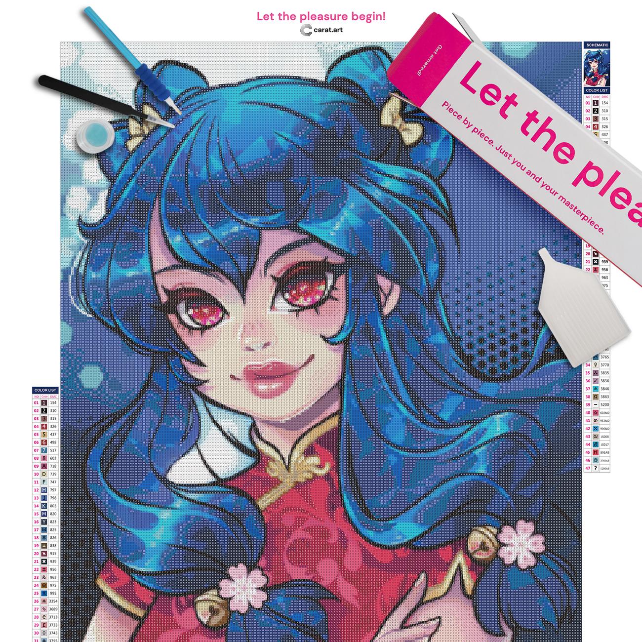 Diamond Painting Set mit Mädchen mit blauen Haaren und großen Augen in einem roten Kleid mit Muster, umgeben von einem leuchtenden Bokeh inklusive Leinwand, Carat Art Karton und hochwertigem Zubehör