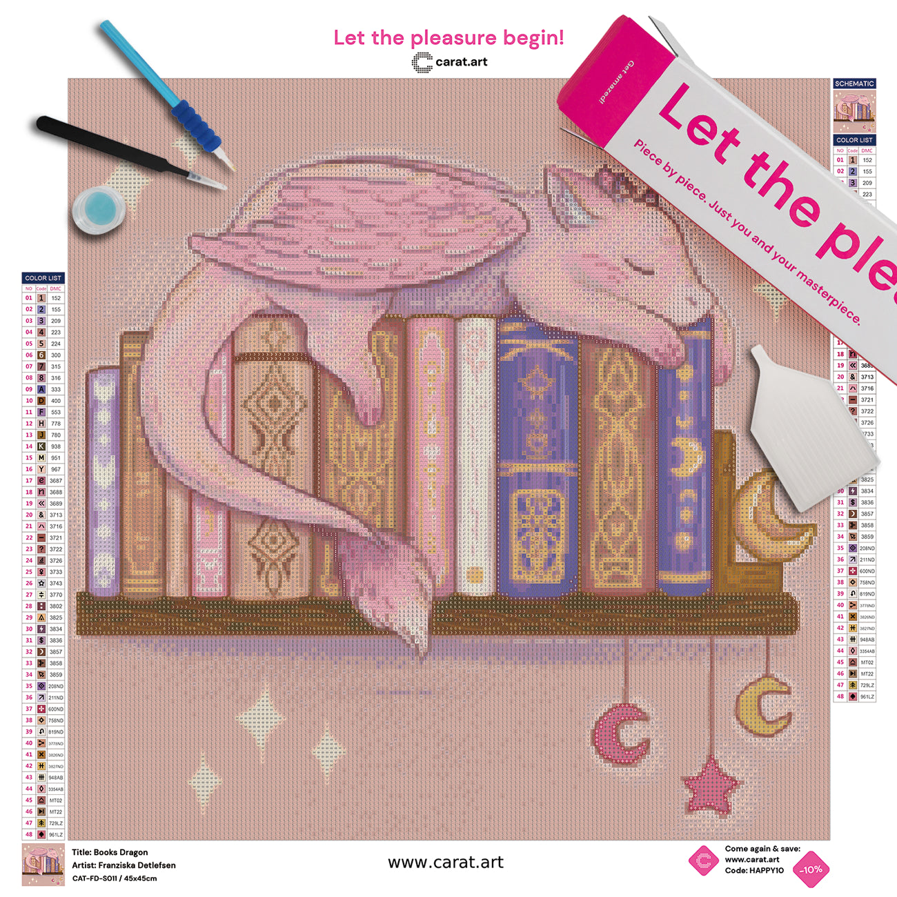 Diamond Painting Set mit kleinem rosa Drachen, der auf Büchern in einem Wandregal liegt und träumt, inklusive Leinwand, Carat Art Karton und hochwertigem Zubehör