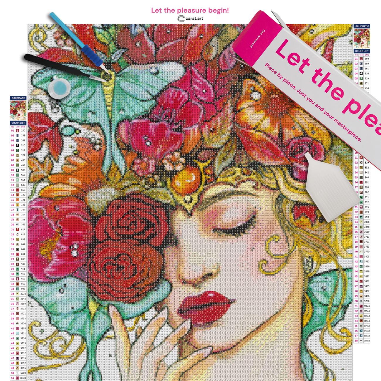 Diamond Painting Set mit Blumenkrone und verträumtem Mädchenportrait inklusive Leinwand, Carat Art Karton und hochwertigem Zubehör