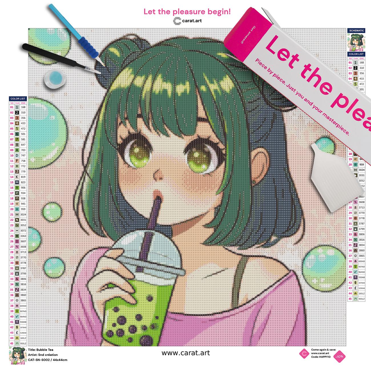 Diamond Painting Set mit Bubble Tea Motiv und bunten Seifenblasen inklusive Leinwand, Carat Art Karton und Zubehör