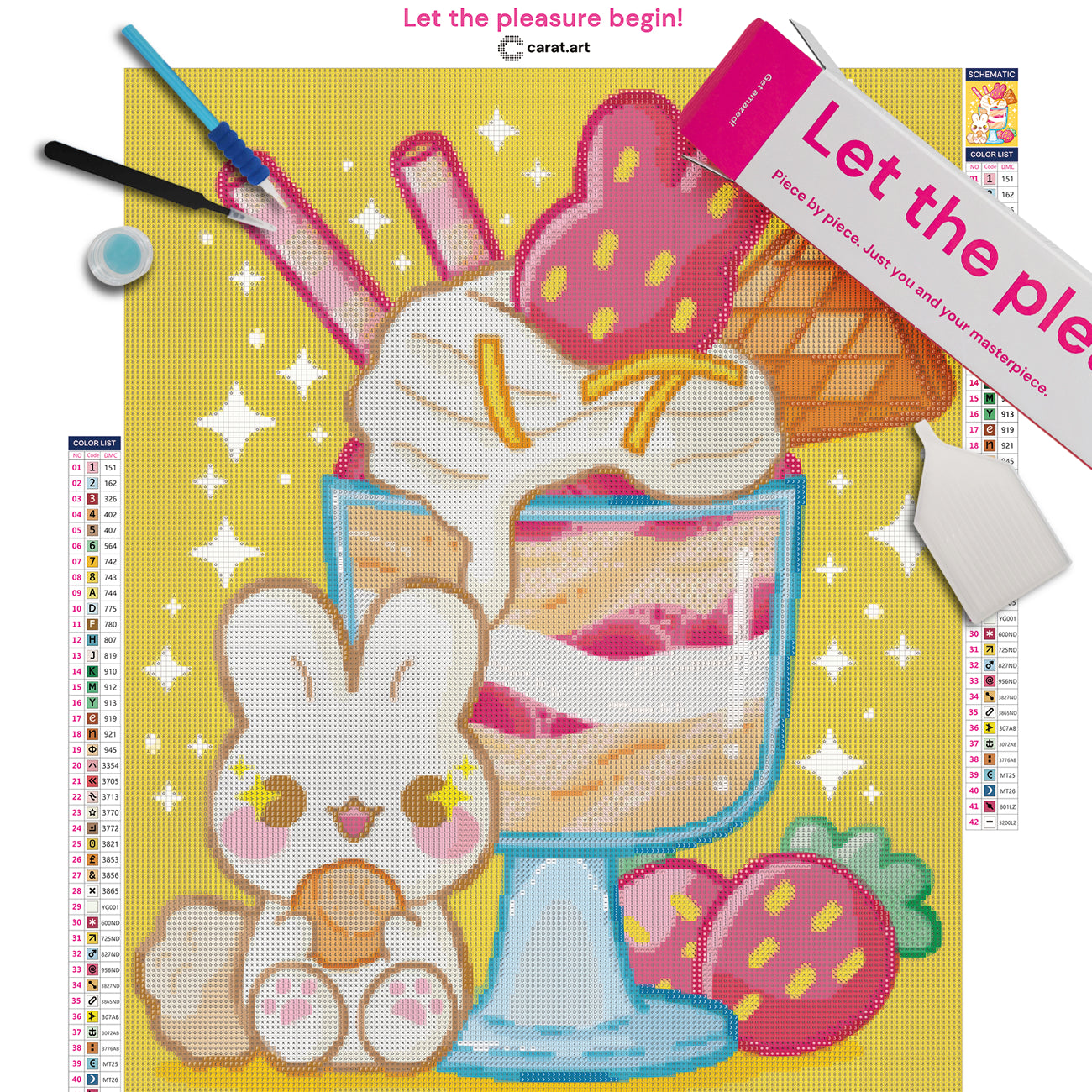 Diamond Painting Set mit kleinem Häschen, Keks und dekoriertem Erdbeereisbecher im Glas mit Sahne, Erdbeeren und Waffeln inklusive Leinwand, Carat Art Karton und hochwertigem Zubehör