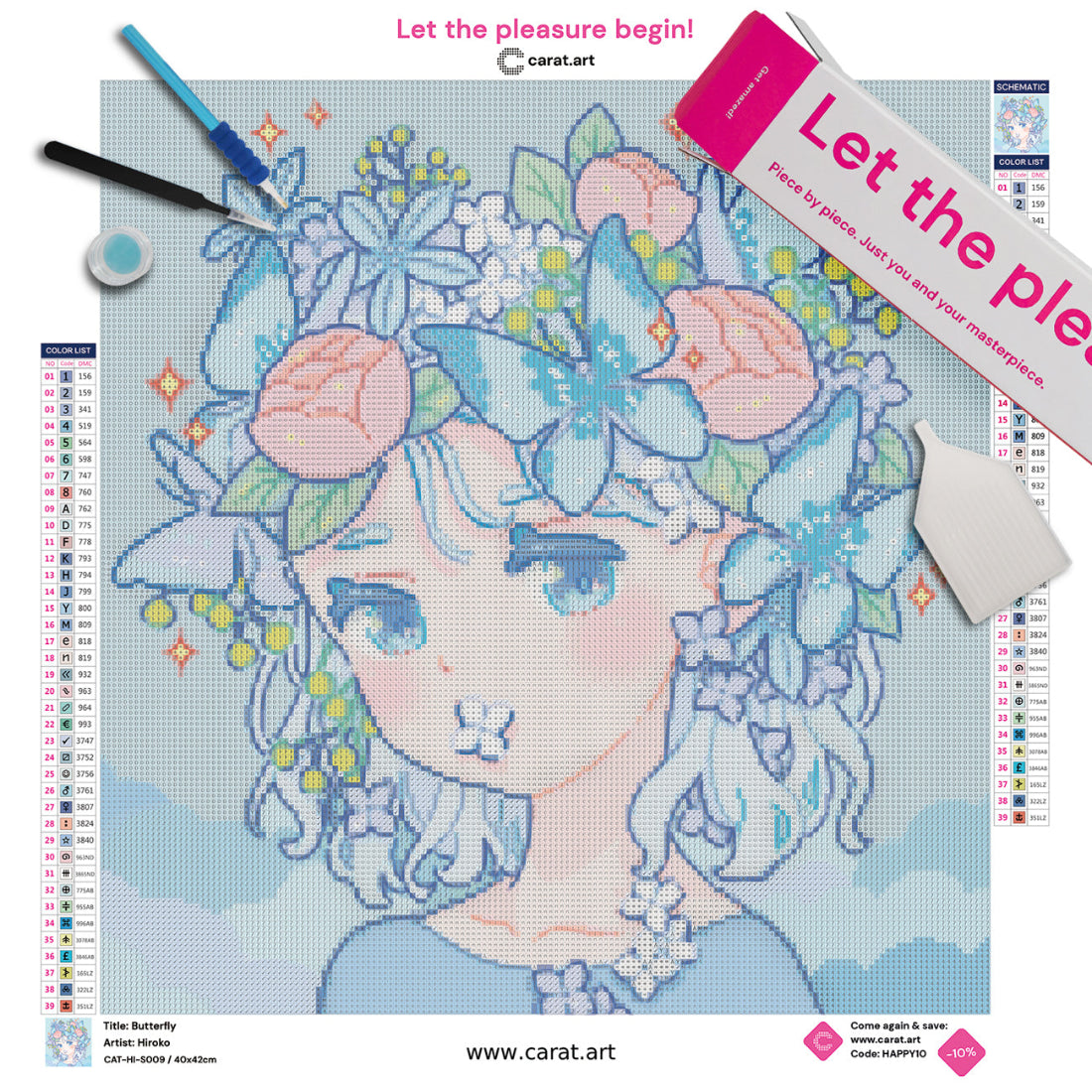Diamond Painting Set mit Mädchen, Blumen und Schmetterlingen Motiv von Hiroko, Premium Leinwand und hochwertigem Zubehör