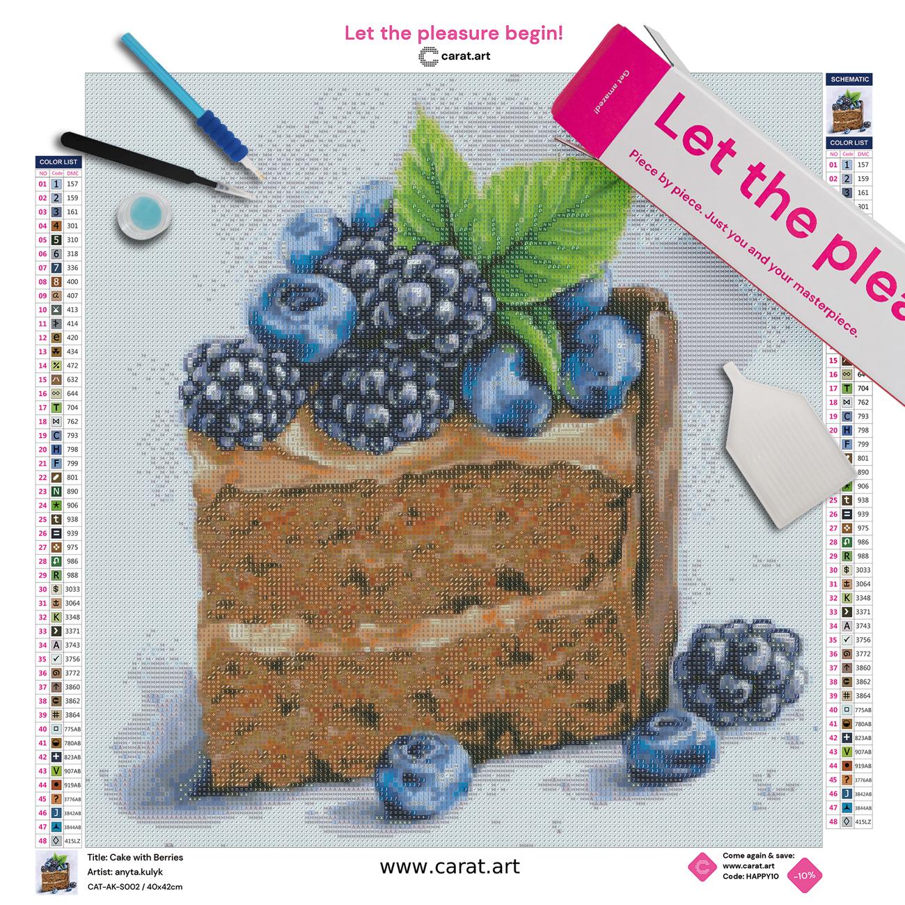 Diamond Painting Set mit Schokotorte, Brombeeren, Blaubeeren und Minzblatt inklusive Leinwand, Carat Art Karton und hochwertigem Zubehör