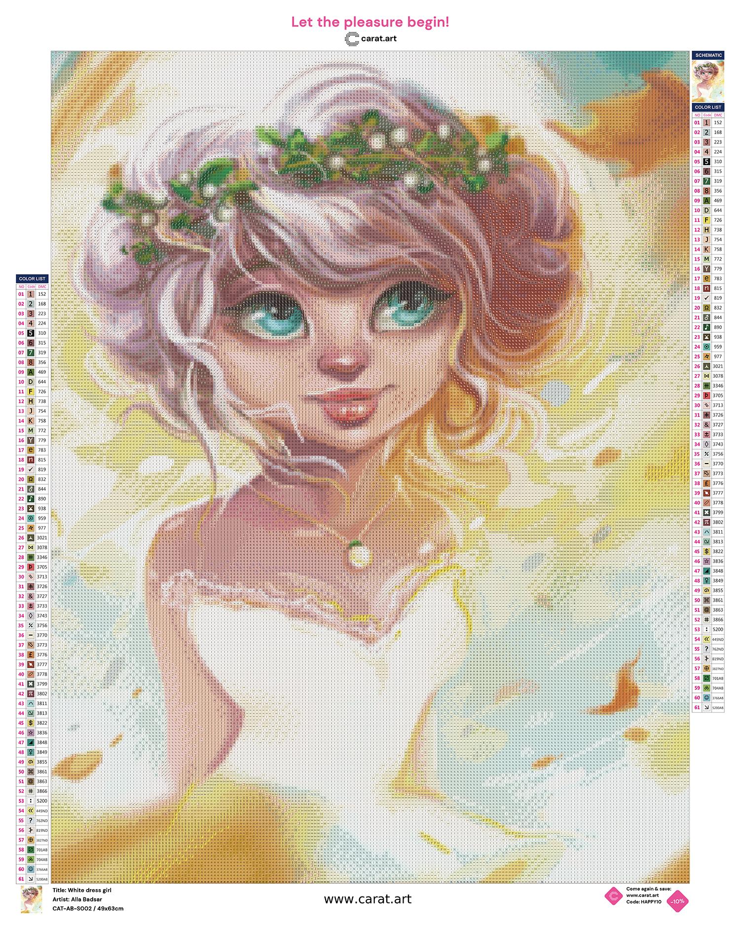 Diamond Painting Leinwand mit Mädchen, blondem Lockenhaar, Blätterkranz mit weißen Perlen und weiß-gelbem Kleid 
