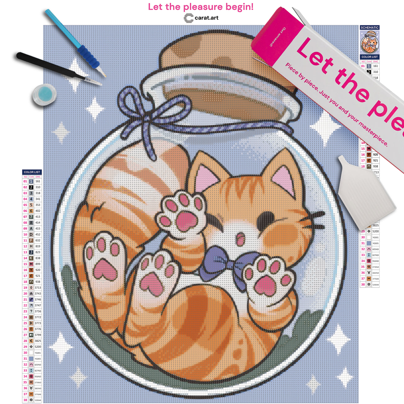 Diamond Painting Set mit niedlichem orangefarbenem Kätzchen im Glasflakon, lila Fliege und funkelndem Sternenstaub inklusive Leinwand, Diamond Painting Zubehör und Carat Art Box