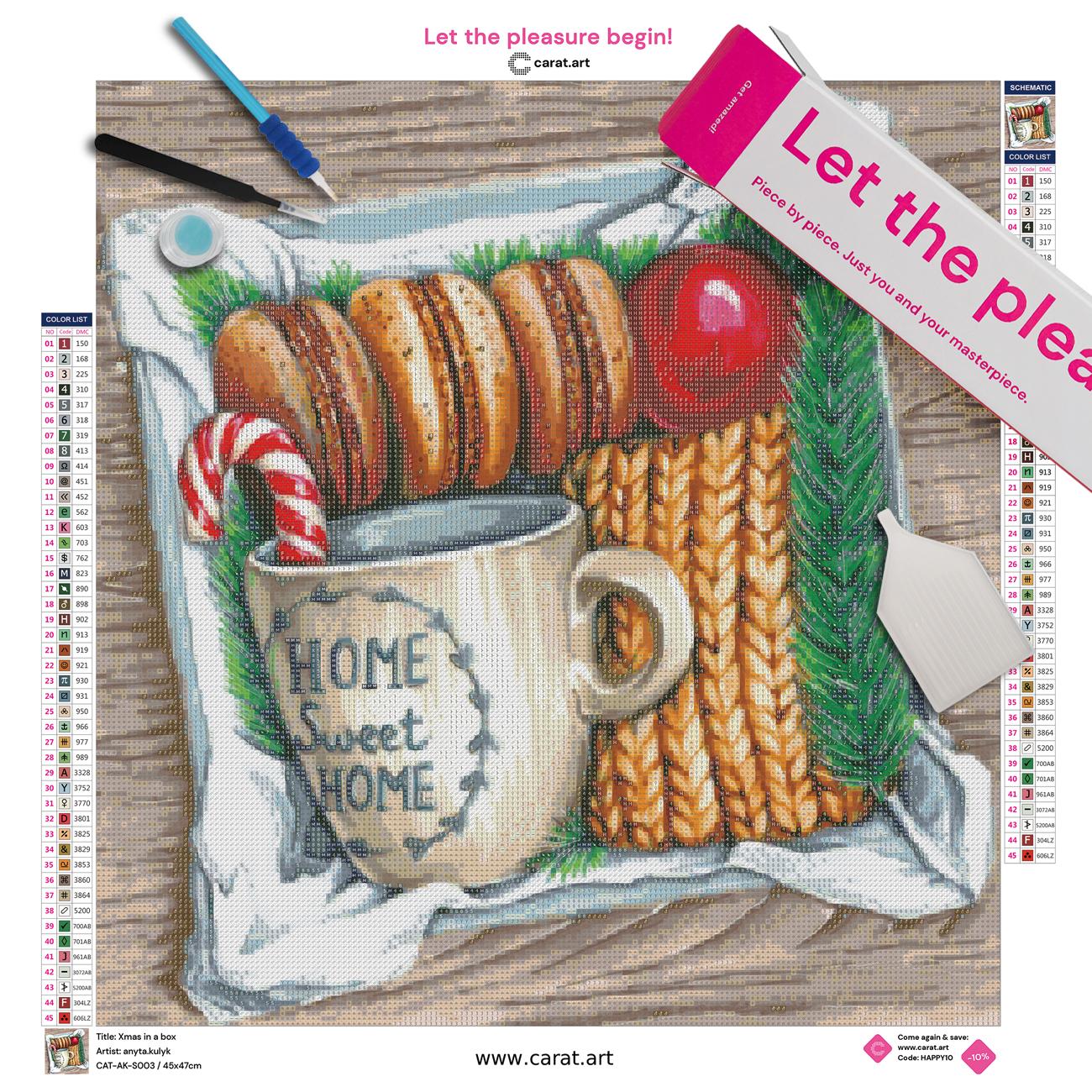 Diamond Painting Set mit weihnachtlicher Geschenkbox, Keksen, Tasse und festlichen Dekorationen inklusive Leinwand, Carat Art Karton und hochwertigem Zubehör
