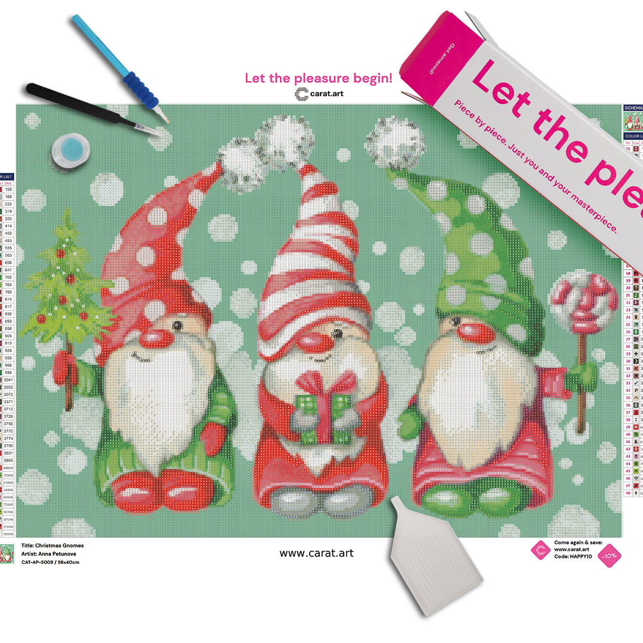 Diamond Painting Set mit drei Weihnachtsgnomen und ihren festlichen Accessoires – geschmückter Weihnachtsbaum, Geschenk und großer Lolli am Stiel – inklusive Leinwand, Carat Art Karton und hochwertigem Zubehör