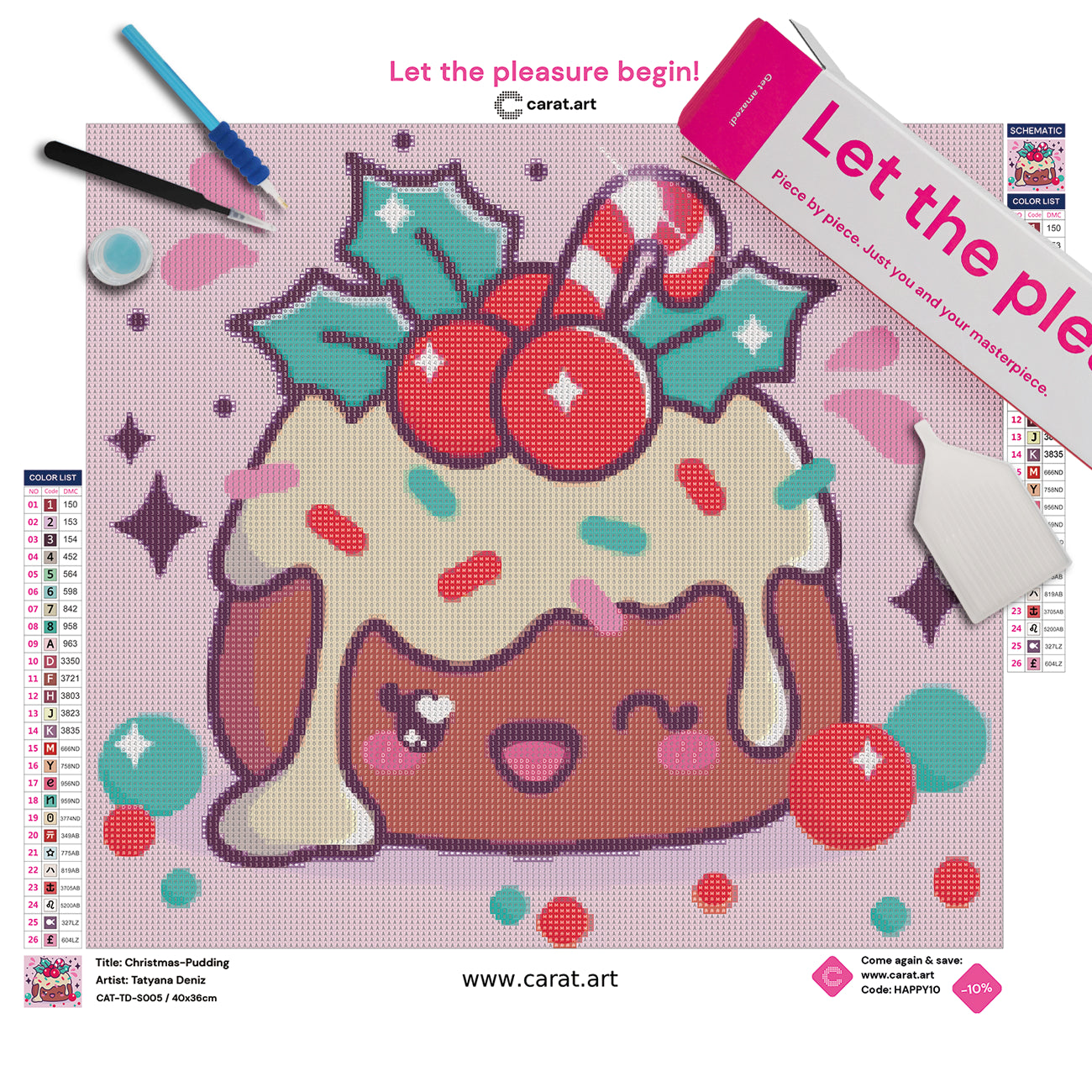 Diamond Painting Set mit Kawaii Christmas-Pudding mit weißer Glasur, Beeren, grünen Blättern und kleiner Zuckerstange, umgeben von Tropfen, Beeren und Sternen inklusive Leinwand, Carat Art Karton und hochwertigem Zubehör