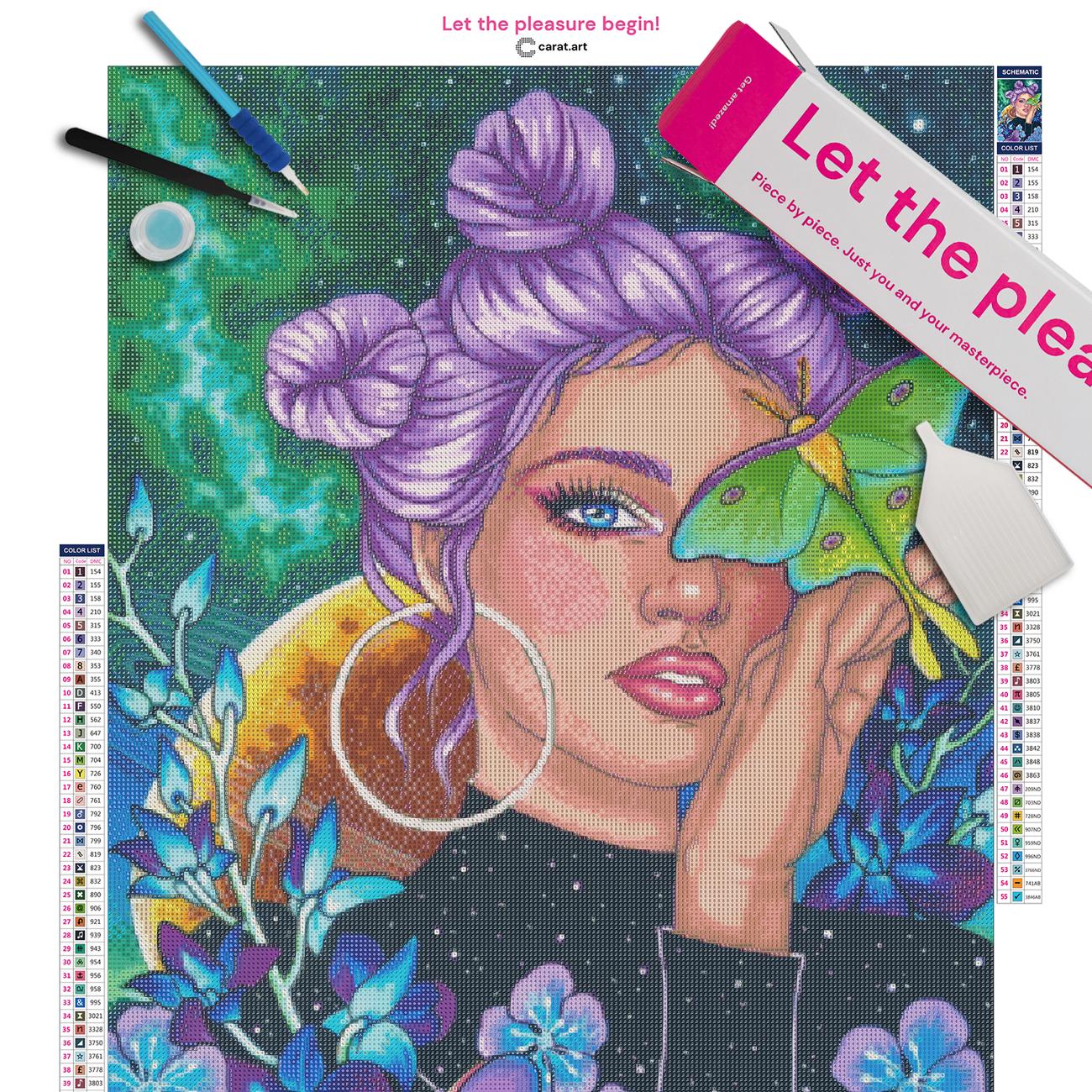 Premium Diamond Painting Set mit Cosmic Girl Motiv inklusive Leinwand, Carat Art Karton und hochwertigem Zubehör
