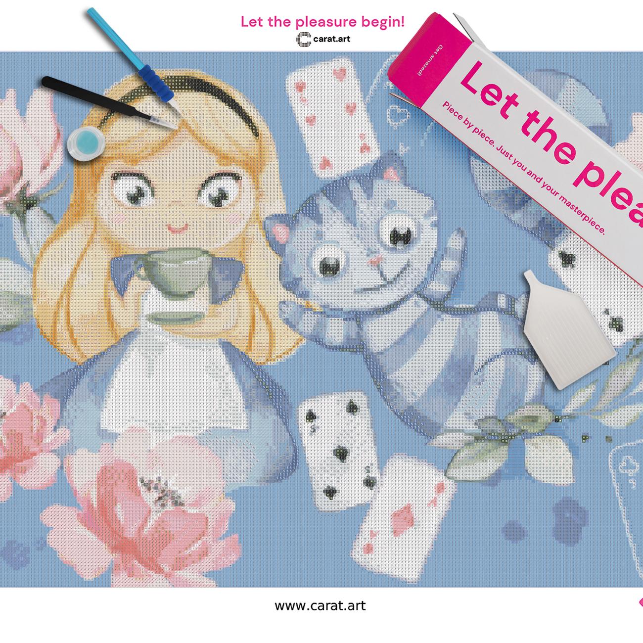 Diamond Painting Set mit Alice, Cheshire-Katze und fantasievollem Teemotiv inklusive Leinwand, Carat Art Karton und hochwertigem Zubehör