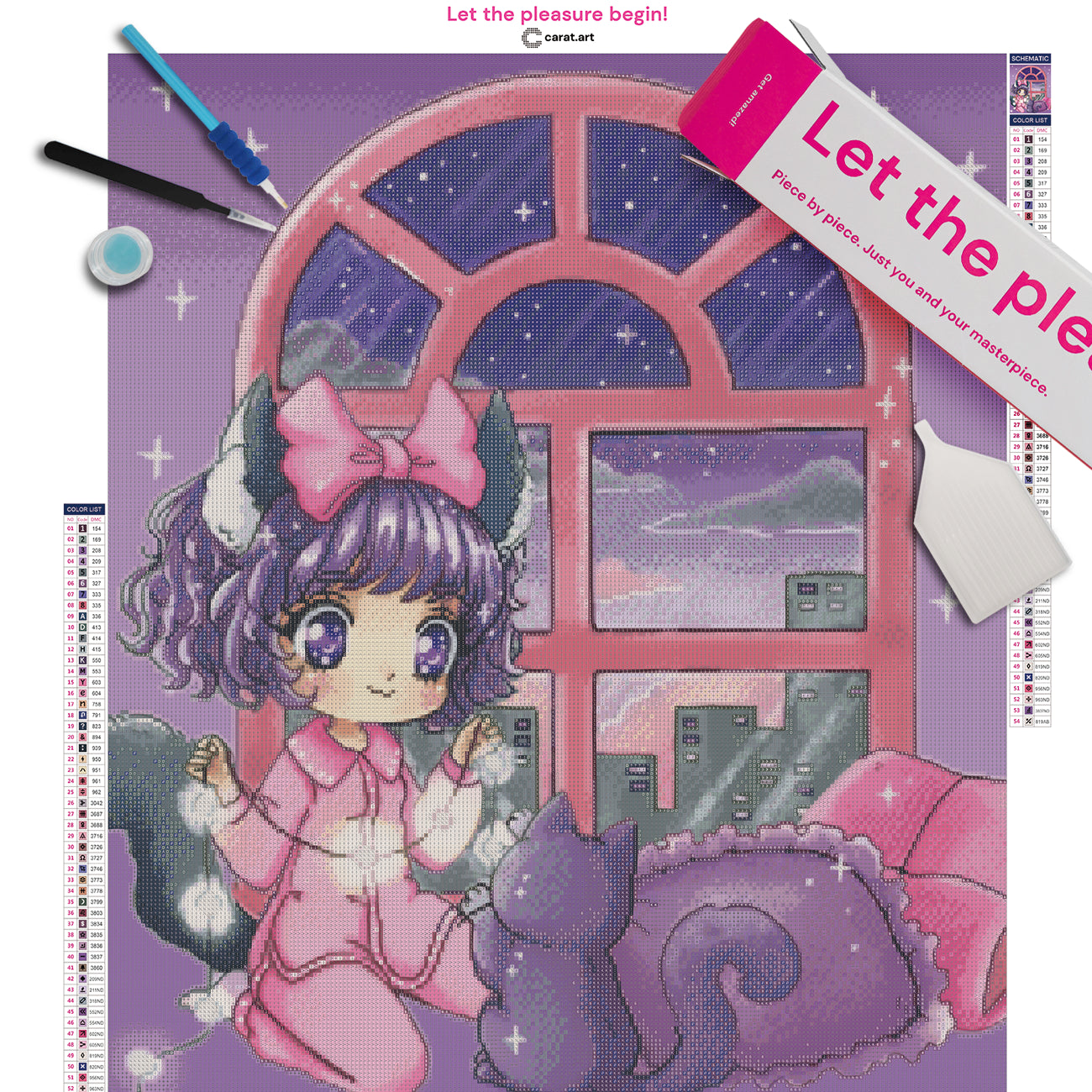 Diamond Painting Set mit Kawaii Mädchen im Pyjama und Katzenkostüm, pinker Schleife und ihrer schwarzen Katze beim Sortieren einer Lichterkette, umgeben von Kissen vor einem Panoramafenster mit Skyline inklusive Leinwand, Carat Art Karton und hochwertigem Zubehör