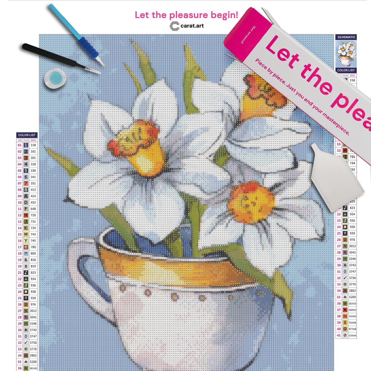 Diamond Painting Set mit weiß-gelben Narzissen in einer dekorativen Tasse inklusive Leinwand, Carat Art Karton und hochwertigem Zubehör
