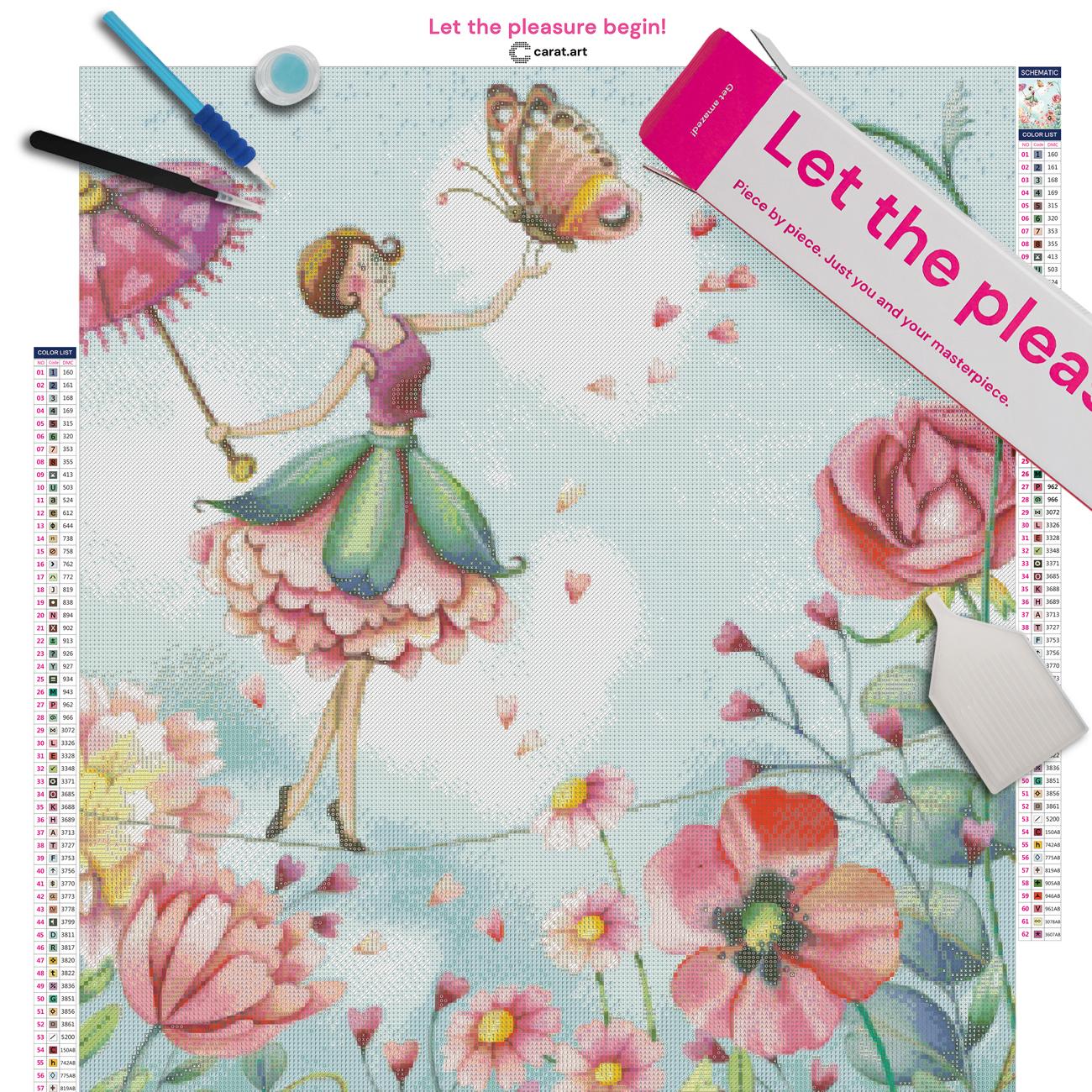 Diamond Painting Set mit Blumenballerina und Schmetterling inklusive Leinwand, Carat Art Karton und hochwertigem Zubehör