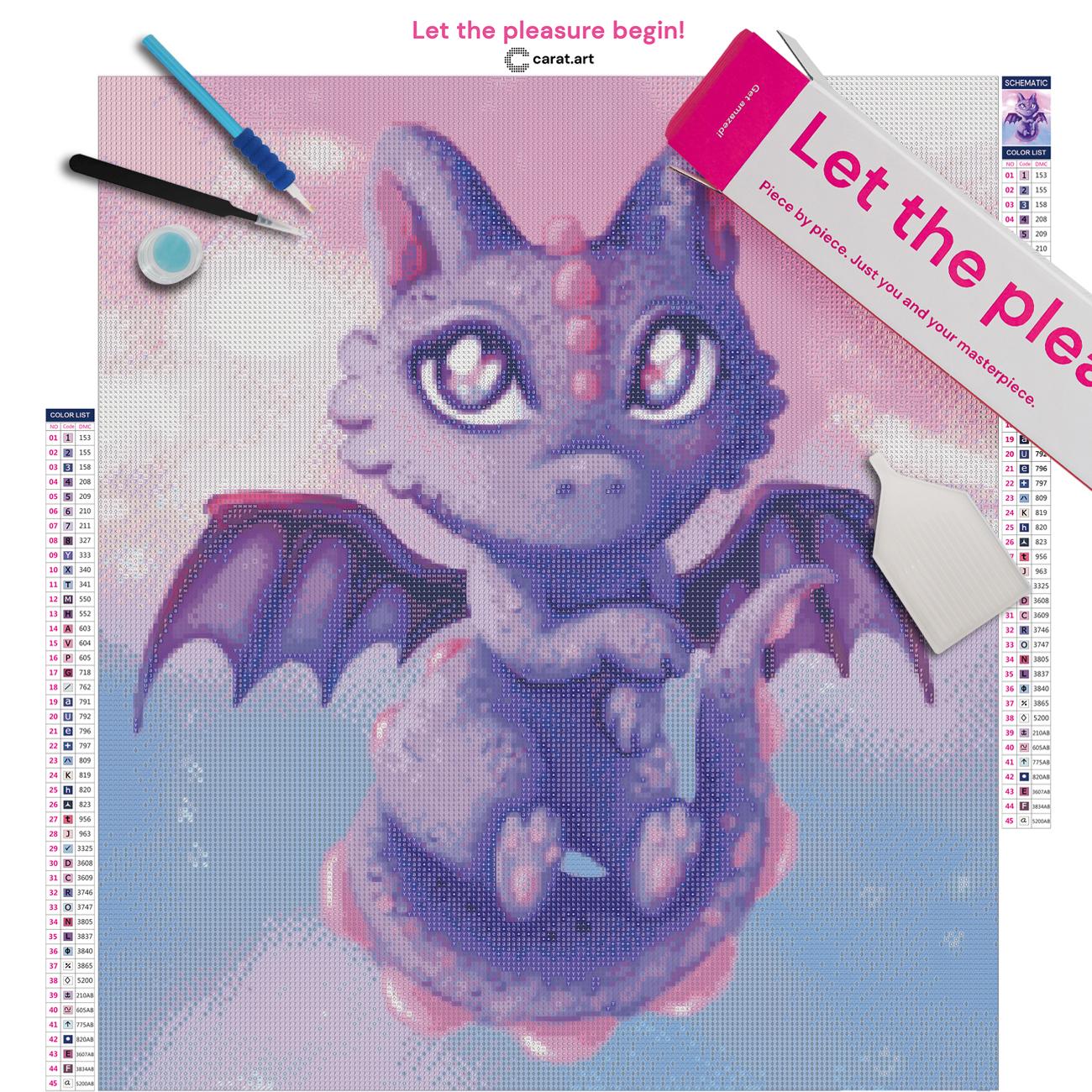 Diamond Painting Bastelset mit lila Drachen Motiv inklusive Leinwand, Carat Art Karton und hochwertigem Zubehör