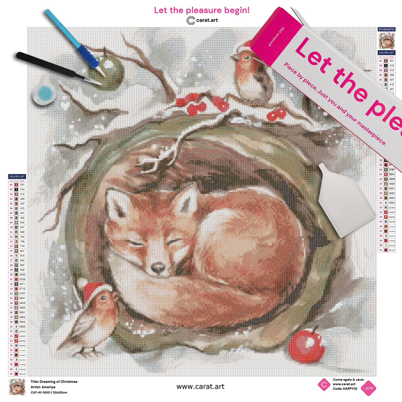 Diamond Painting Set mit träumendem Fuchs, Rotkehlchen mit Weihnachtsmützen sowie winterlich mit Kugeln und Beeren geschmückten Zweigen inklusive Leinwand, Carat Art Karton und hochwertigem Zubehör