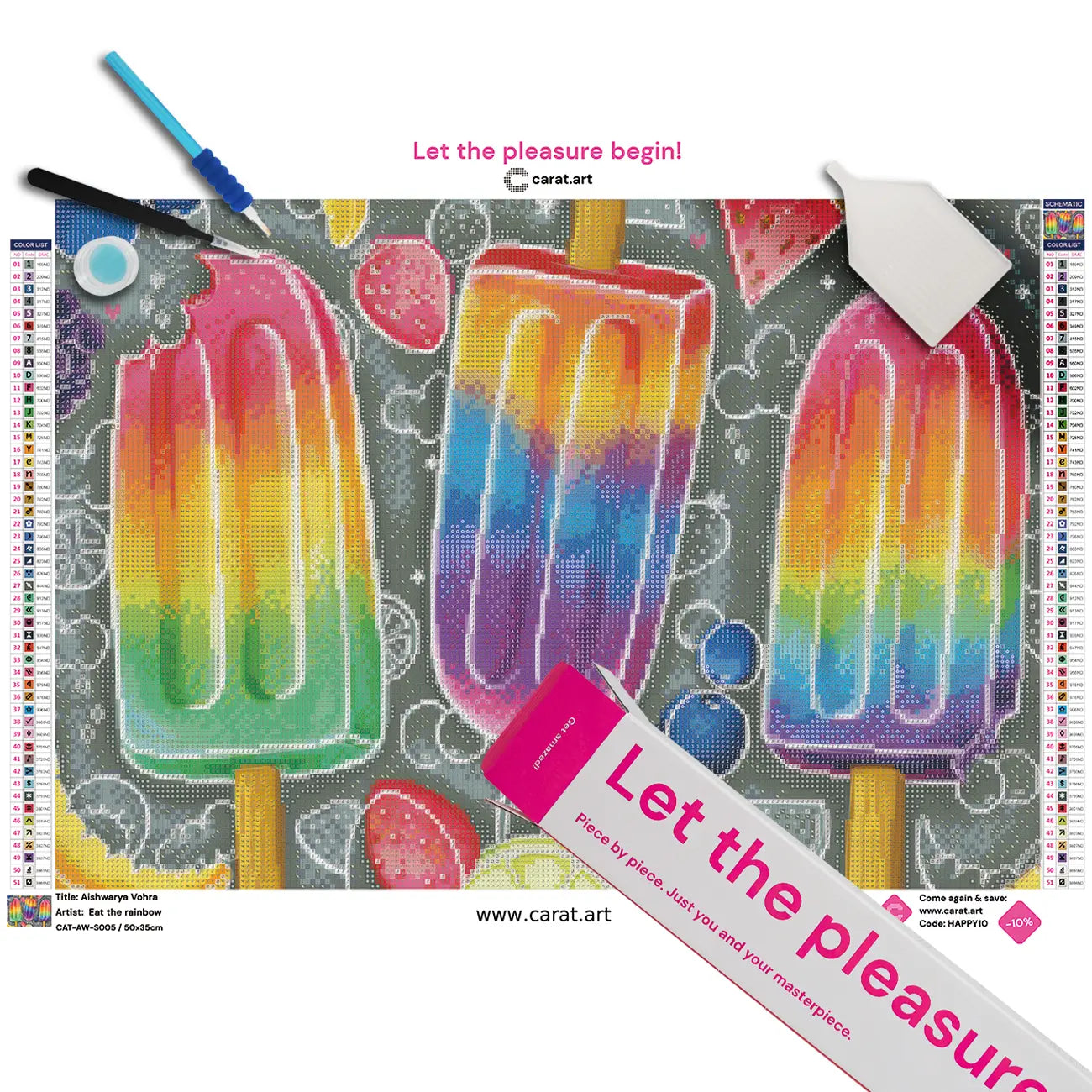 Diamond Painting Set mit buntem Eis am Stiel auf Leinwand, mit Carat Art Karton und hochwertigem Zubehör