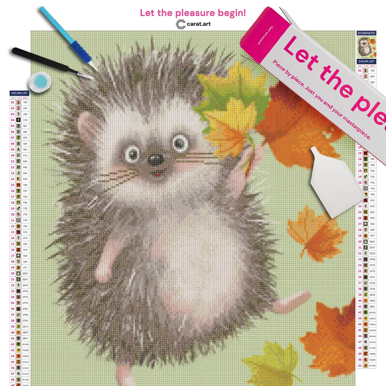 Premium Diamond Painting Set mit Igel und Herbstblätter Motiv auf Leinwand mit hochwertigem Zubehör