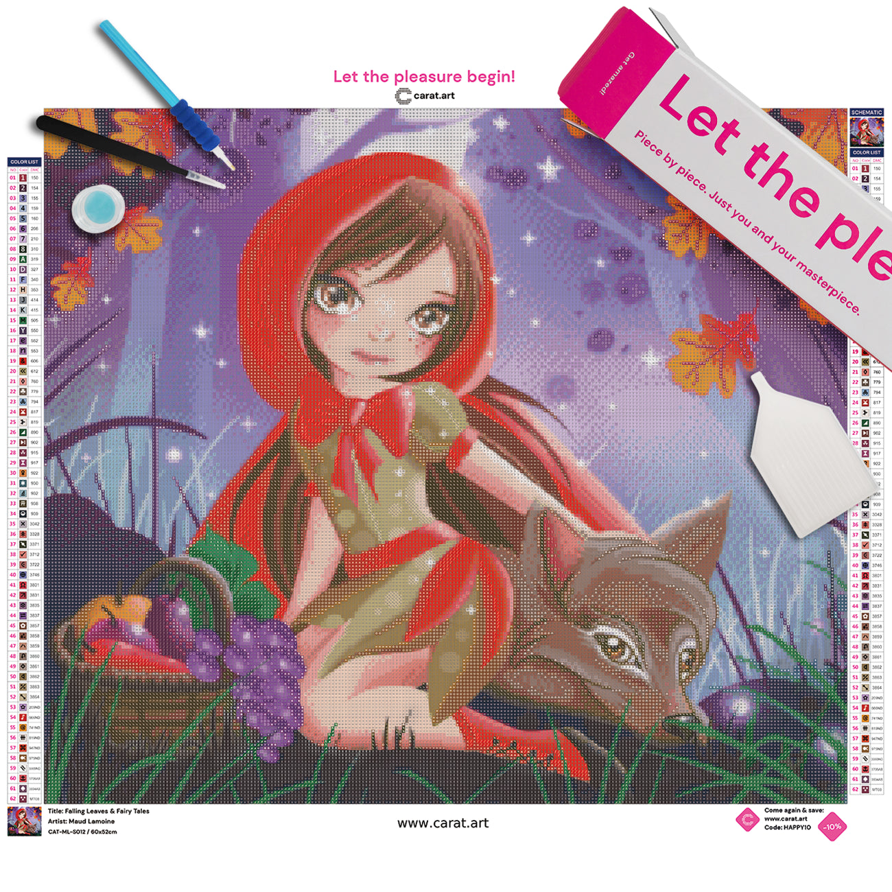 Diamond Painting Set mit kleinem Rotkäppchen und ihrem Wolf beim gemeinsamen Picknick im Wald, umgeben von fallendem Herbstlaub, inklusive Leinwand, Carat Art Karton und hochwertigem Zubehör