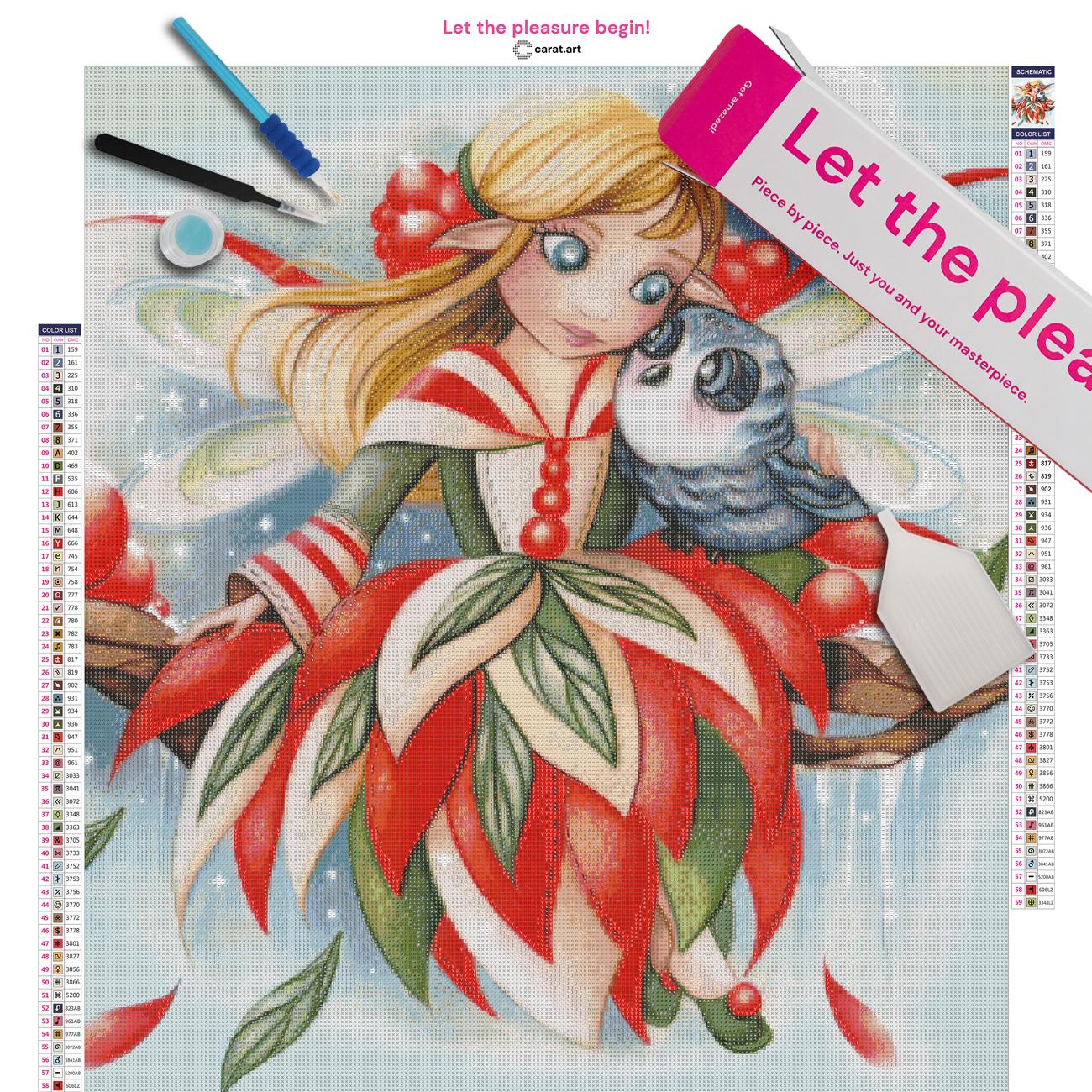 Diamond Painting Set mit Winterfee, Eule und Schneeflocken inklusive Leinwand, Carat Art Karton und hochwertigem Zubehör