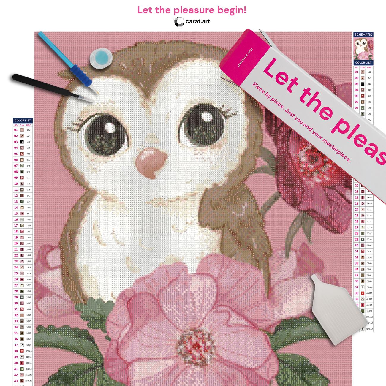 Diamond Painting Set mit Eule und Rosenmotiv in Rosa inklusive Leinwand, Carat Art Karton und hochwertigem Zubehör