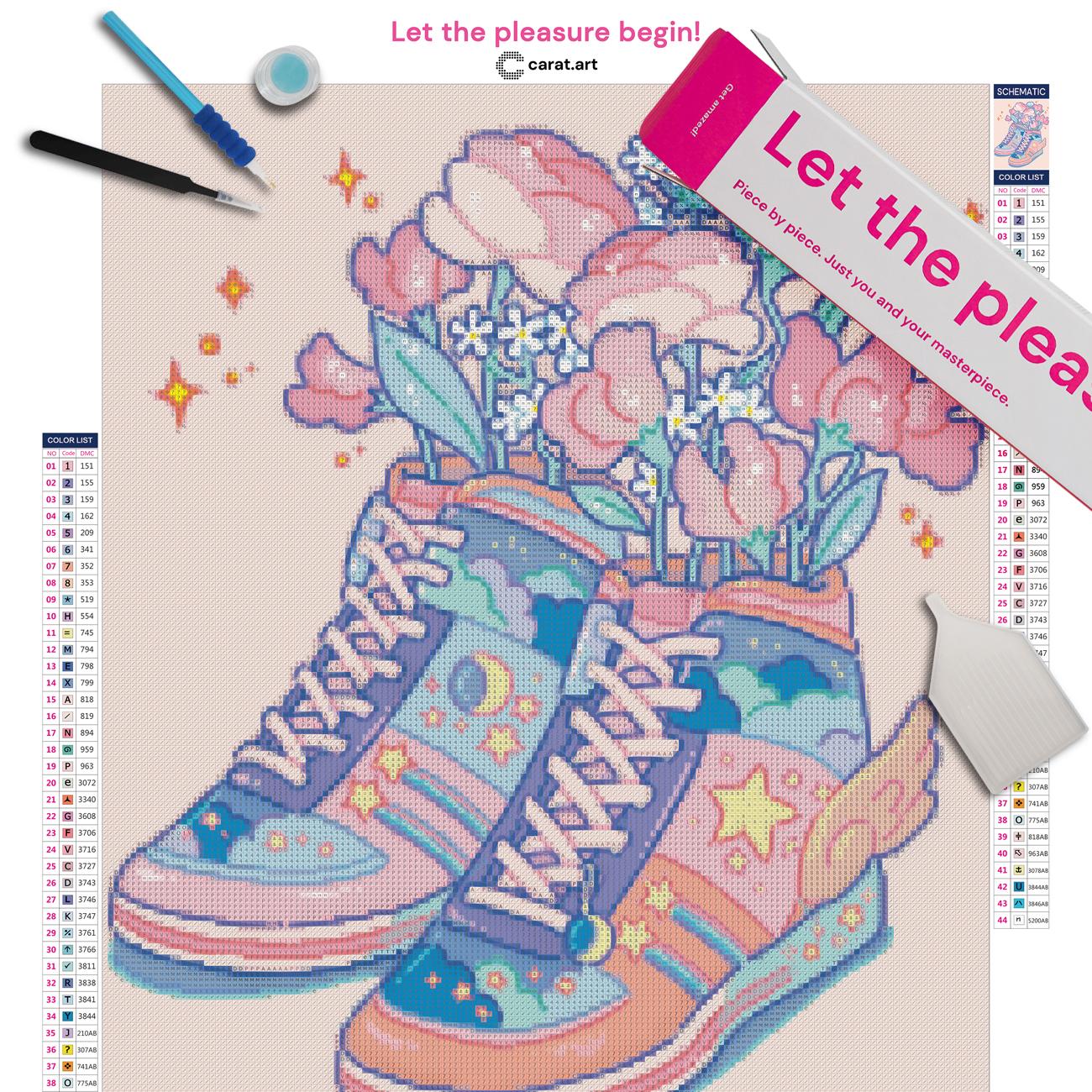 Diamond Painting Set von Hiroko mit sommerlichem Blumen Sneaker Motiv inklusive Leinwand, Carat Art Karton und hochwertigem Zubehör
