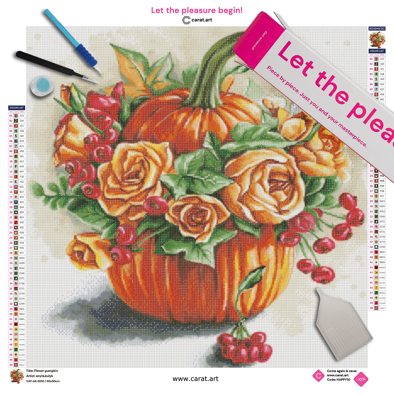 Diamond Painting Set mit Blumen Kürbis Motiv auf Leinwand mit Karton und Zubehör