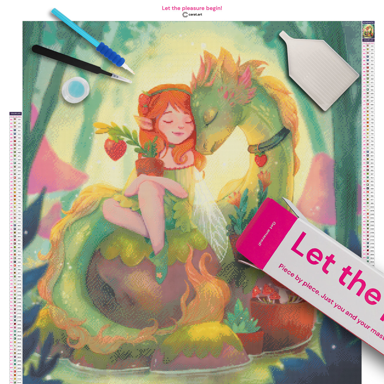Diamond Painting Set mit kleiner Elfe, großem grünen Drachen und Erdbeerpflanze vor einer geheimnisvollen Waldkulisse mit Pilzen inklusive Leinwand, Carat Art Karton und hochwertigem Zubehör