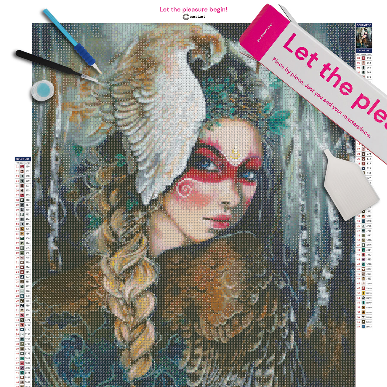 Diamond Painting Set mit Freya, Falke und mystischem Birken Waldmotiv inklusive Leinwand, Carat Art Karton und Zubehör