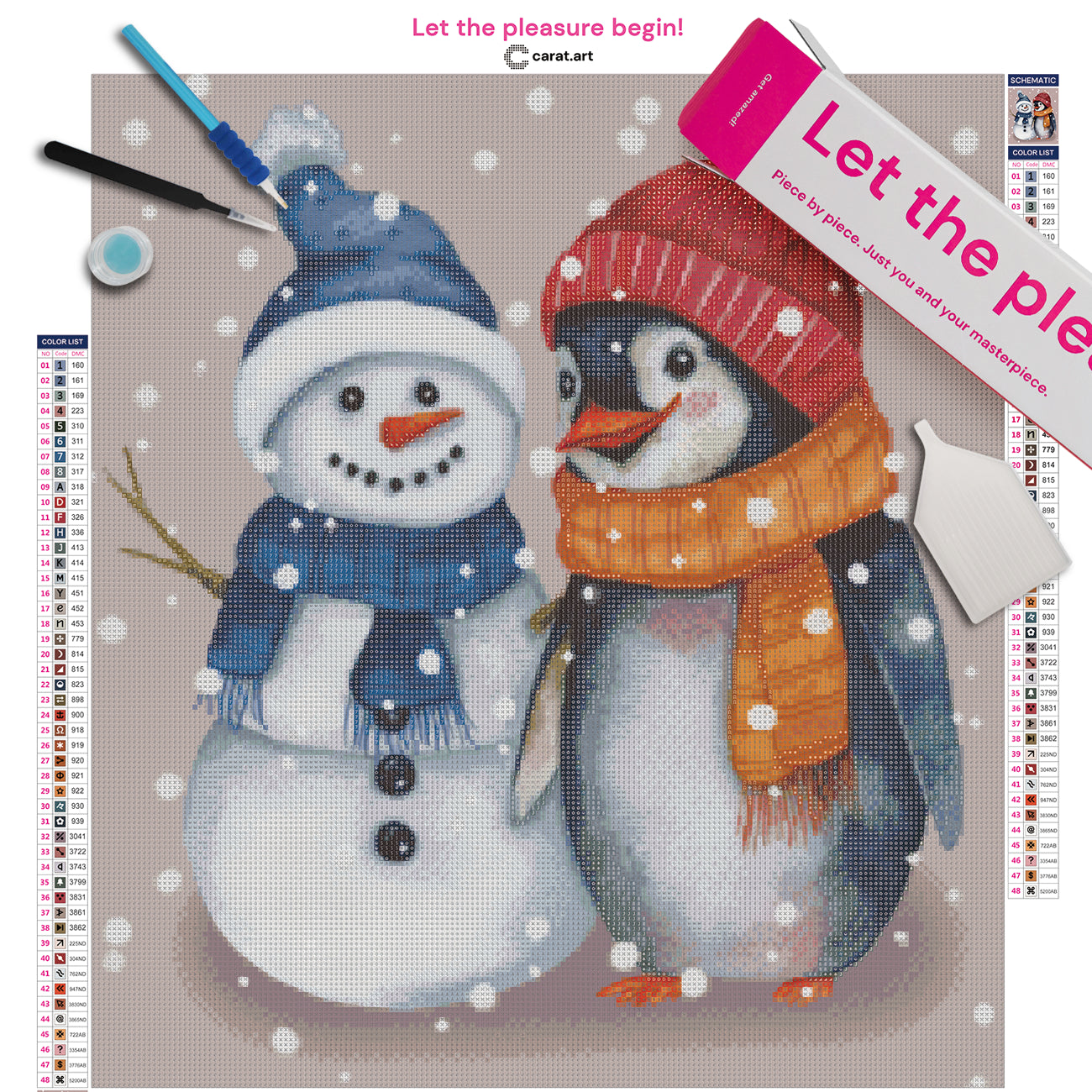 Diamond Painting Set mit kleinem Pinguin und kleinem Schneemann, beide mit Schal und Mütze, umgeben von tanzenden Schneeflocken inklusive Leinwand, Carat Art Karton und hochwertigem Zubehör