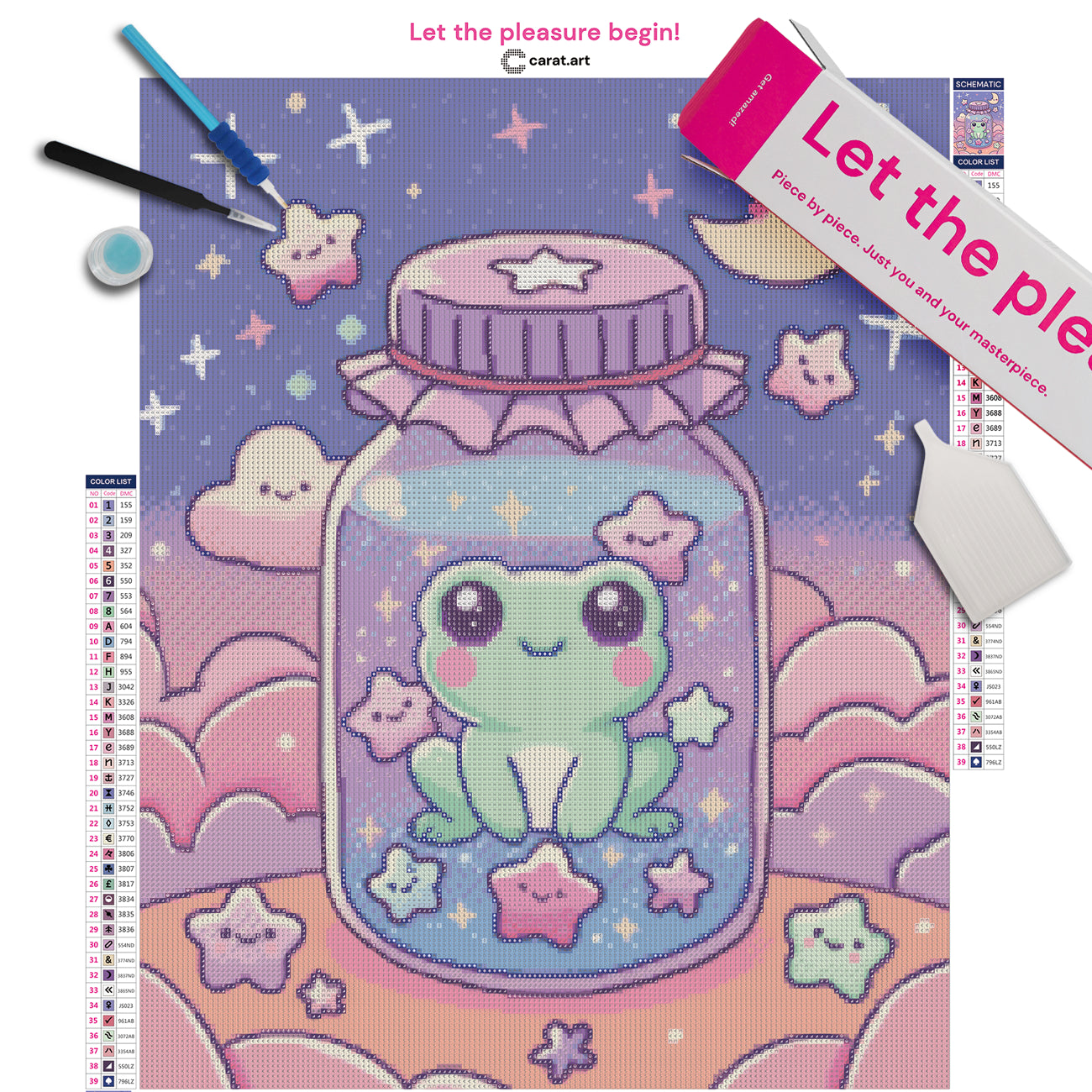 Diamond Painting Komplett-Set mit niedlichem Frosch im Glas, freundlichen Sternen, rosa Wolken und Mond inklusive Leinwand, Diamond Painting Zubehör und Carat Art Box