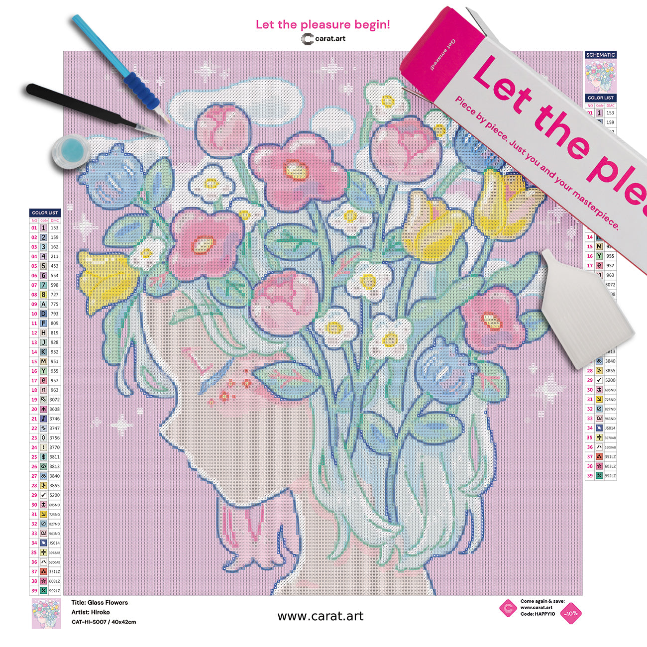 Diamond Painting Set von Hiroko mit floralem Mädchenportrait inklusive Leinwand, Carat Art Karton und hochwertigem Zubehör