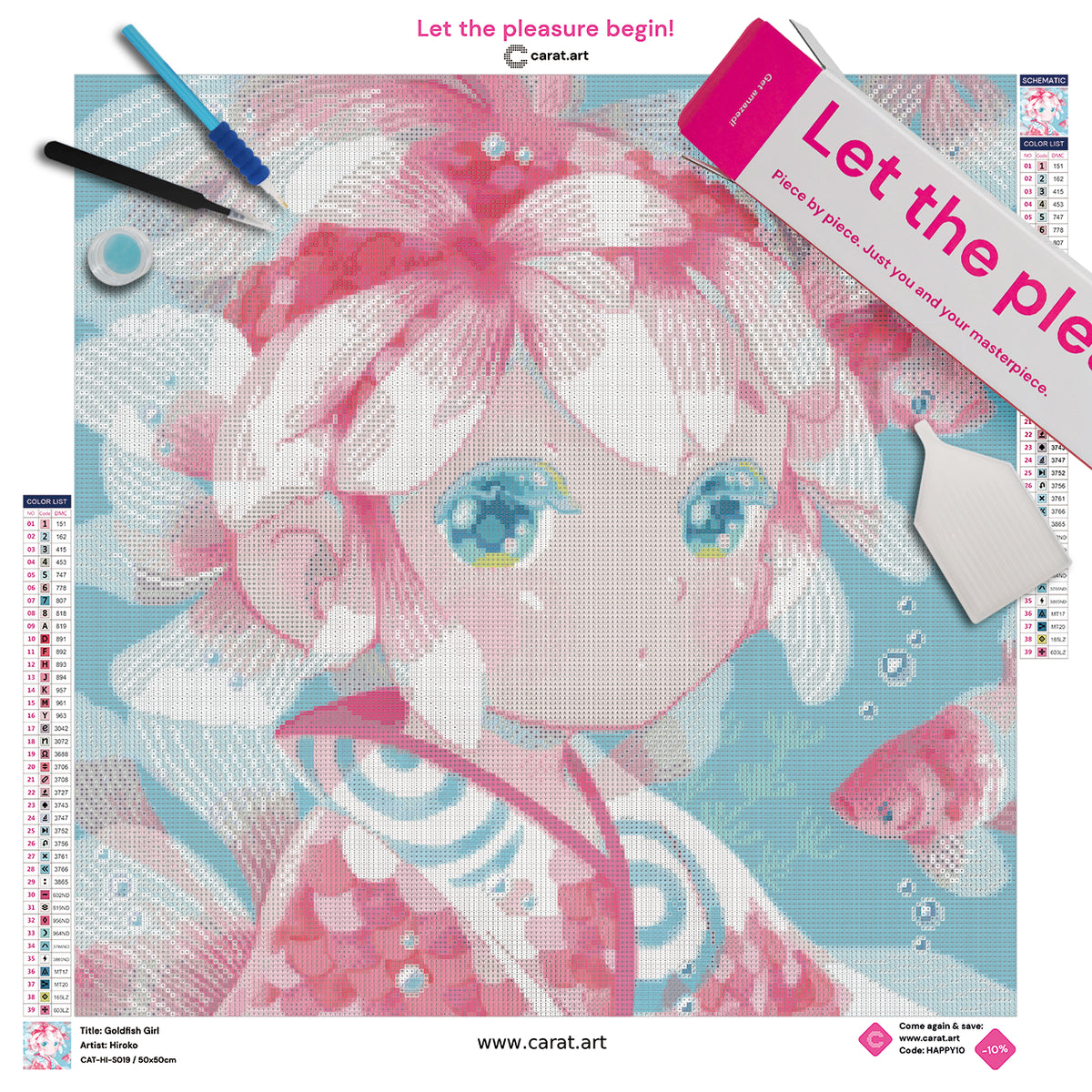 Diamond Painting Set mit märchenhaftem Mädchen im Kimono, zarten Blüten auf dem Kopf und pastellfarbenen Goldfischen in einer Unterwasserwelt inklusive Leinwand, Carat Art Karton und Zubehör