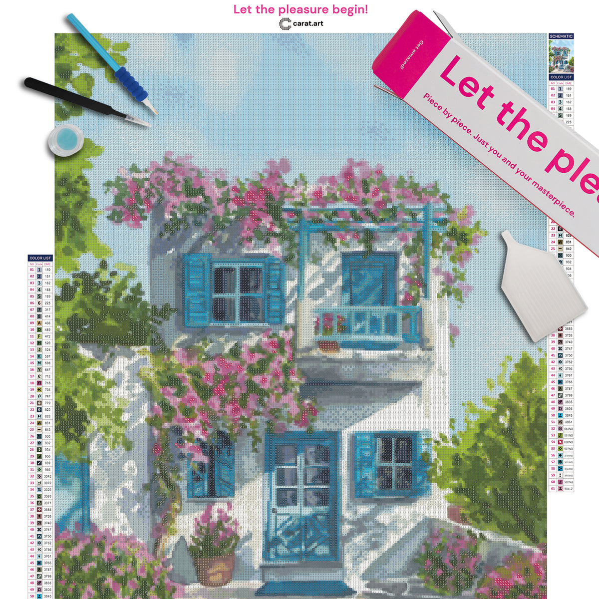 Premium Diamond Painting Set mit idyllischem weißem Häuschen, blau-türkisen Fensterläden und rosafarbenen Blüten inklusive Leinwand, Carat Art Karton und Diamond Painting Zubehör