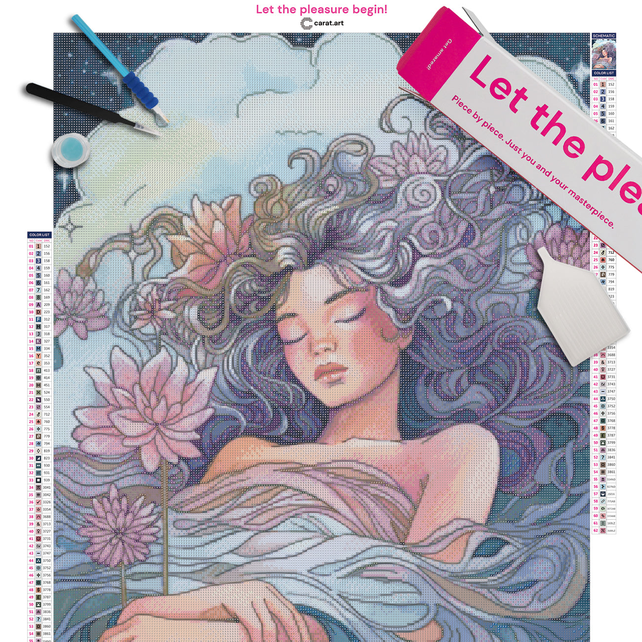 Premium Diamond Painting Set mit schlafendem Mädchen, umgeben von Haaren und Blumen Motiv, Leinwand und hochwertigem Zubehör