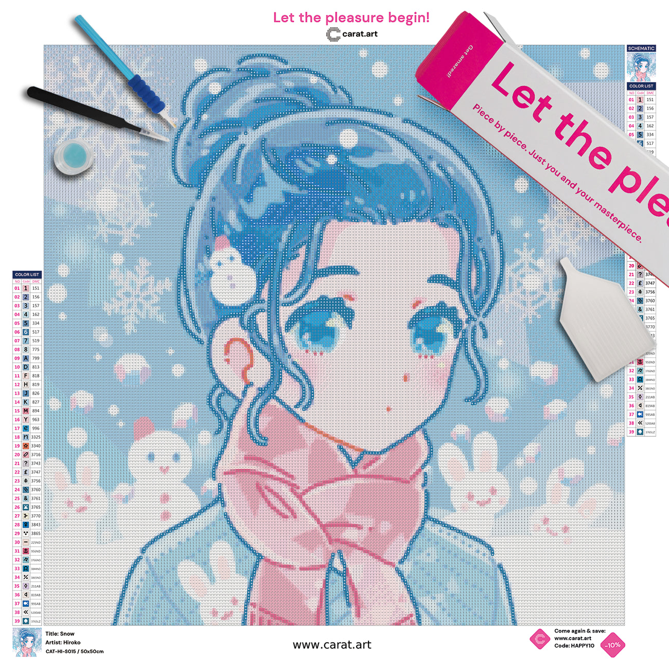 Diamond Painting Komplett-Set mit Mädchen im Schnee, rosa Schal, Schneehäschen und Schneemann in pastellfarbenem Hiroko-Stil inklusive Leinwand, Diamond Painting Werkzeug und Carat Art Karton