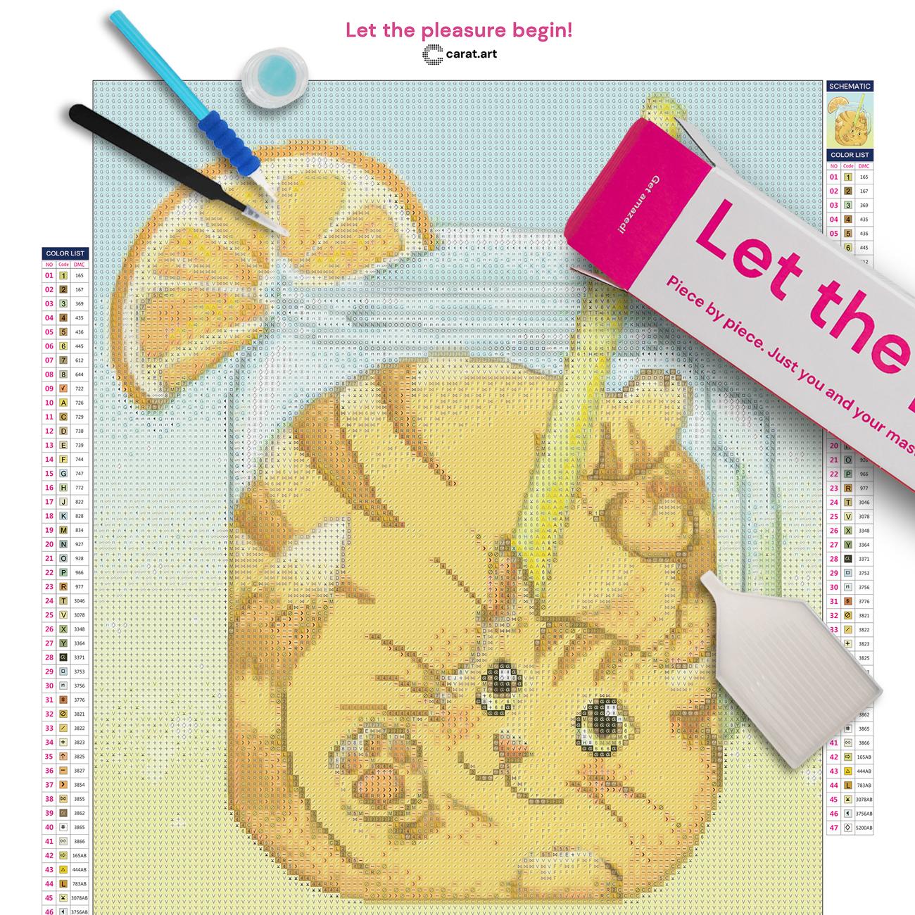 Diamond Painting Set mit Katze und Orangensaft Motiv inklusive Leinwand, Carat Art Karton und hochwertigem Zubehör
