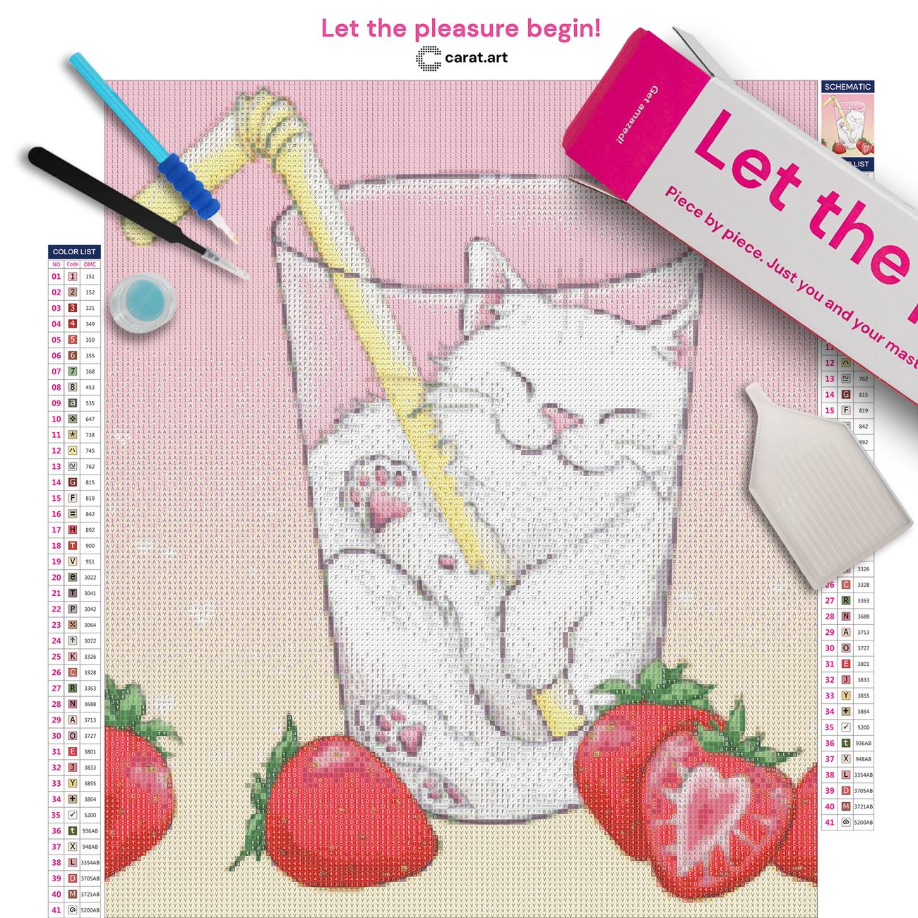 Diamond Painting Bastelset mit Kätzchen im Erdbeermilchglas und Erdbeeren inklusive Leinwand, Carat Art Karton und hochwertigem Zubehör