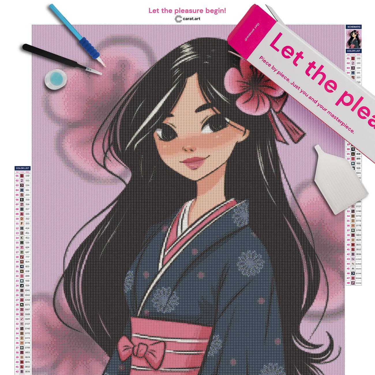 Diamond Painting Set mit Kimono Mädchen und asiatischem Blumenmotiv inklusive Leinwand, Carat Art Karton und Zubehör