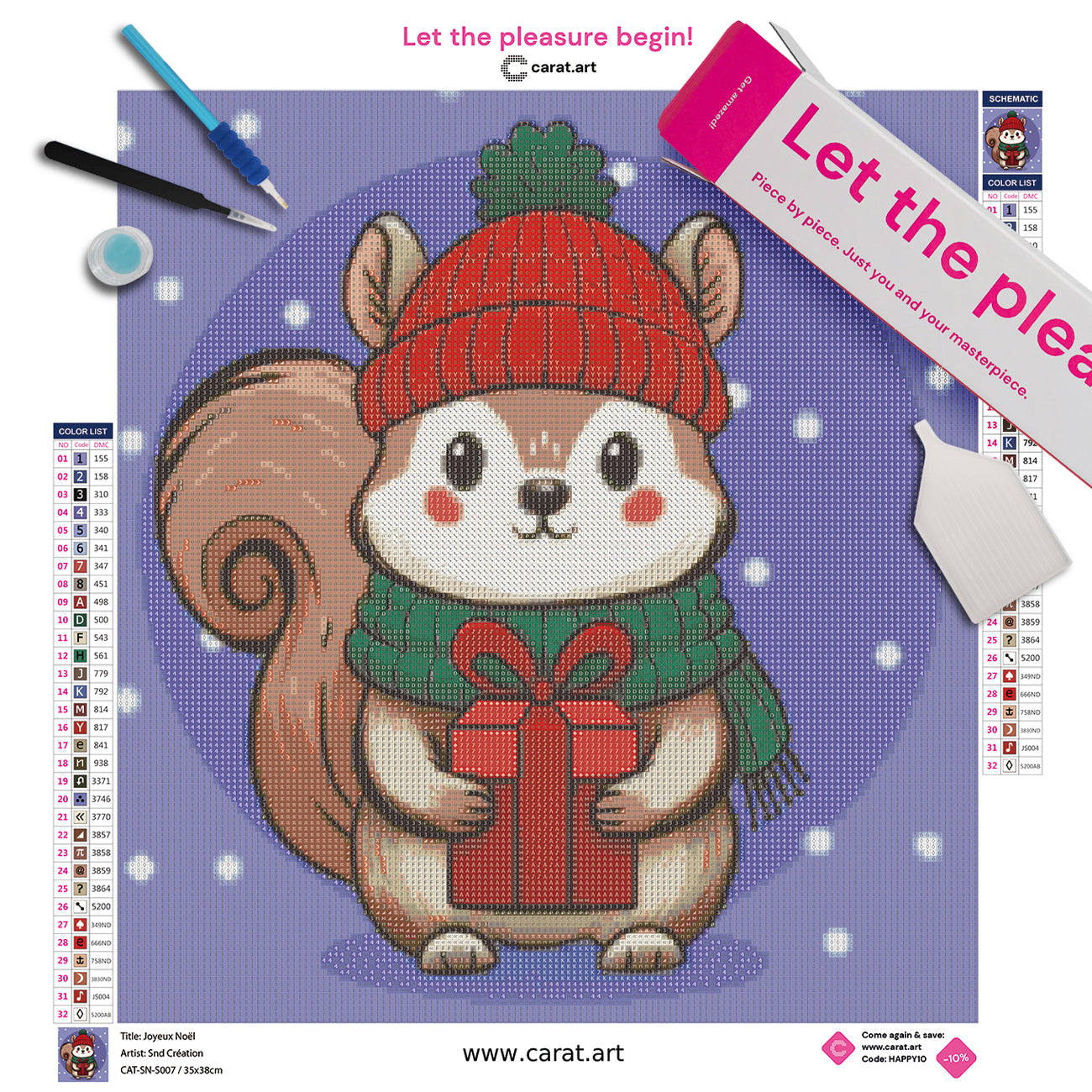 Diamond Painting Set mit süßem Weihnachts Eichhörnchen und Wintermotiv inklusive Leinwand, Carat Art Karton und Zubehör