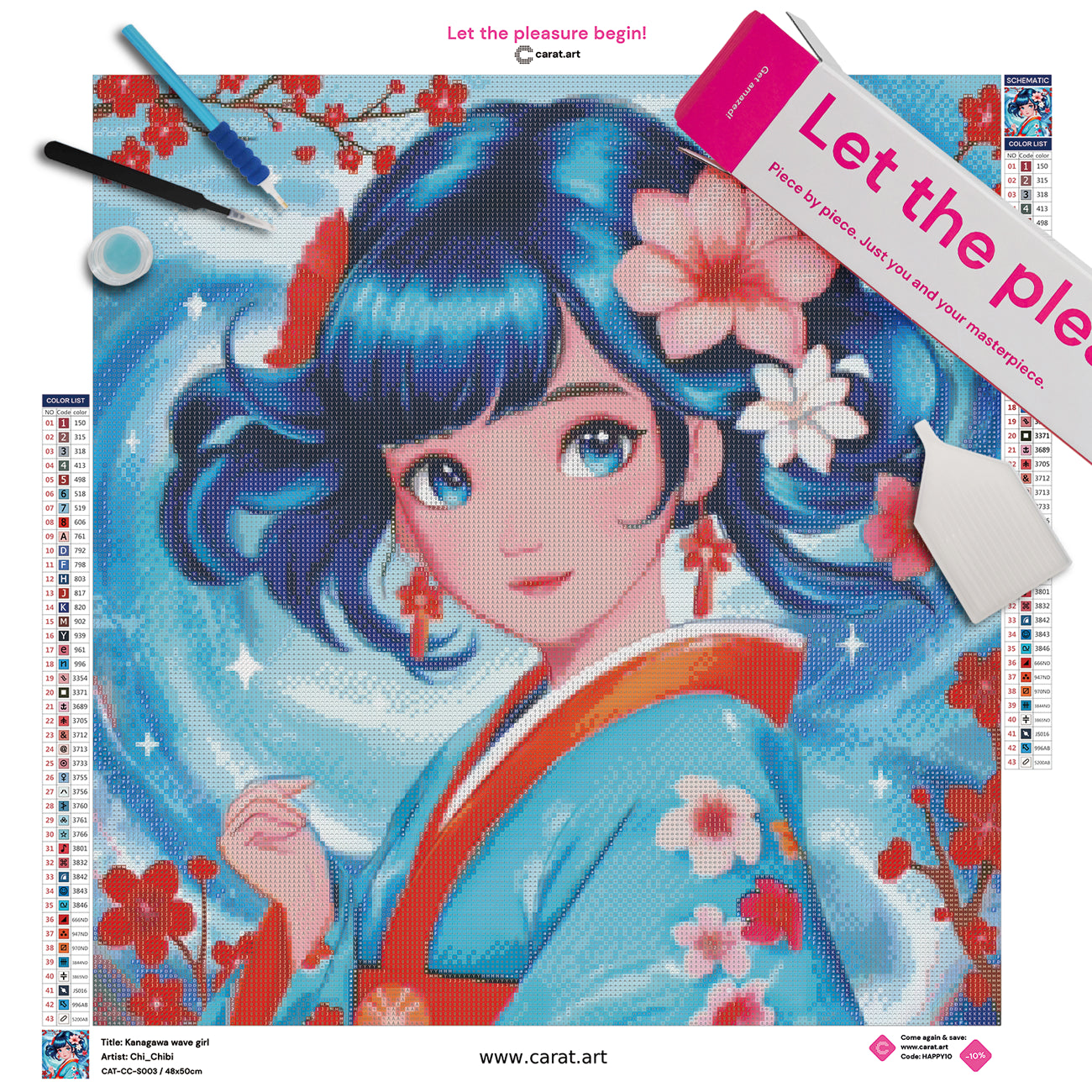 Diamond Painting Set mit Mädchen im Kimono, großer Welle und roten Blütenzweigen inklusive Leinwand, Carat Art Karton und hochwertigem Zubehör