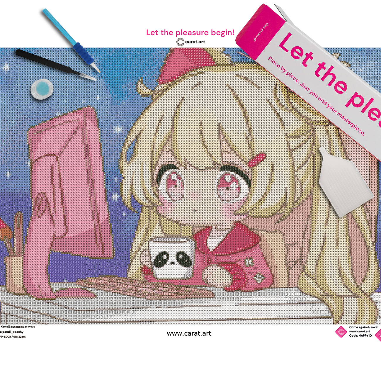 Komplettset für dein Diamond Painting Kawaii Mädchen am Computer mit Premium Leinwand und Diamond Painting Werkzeug